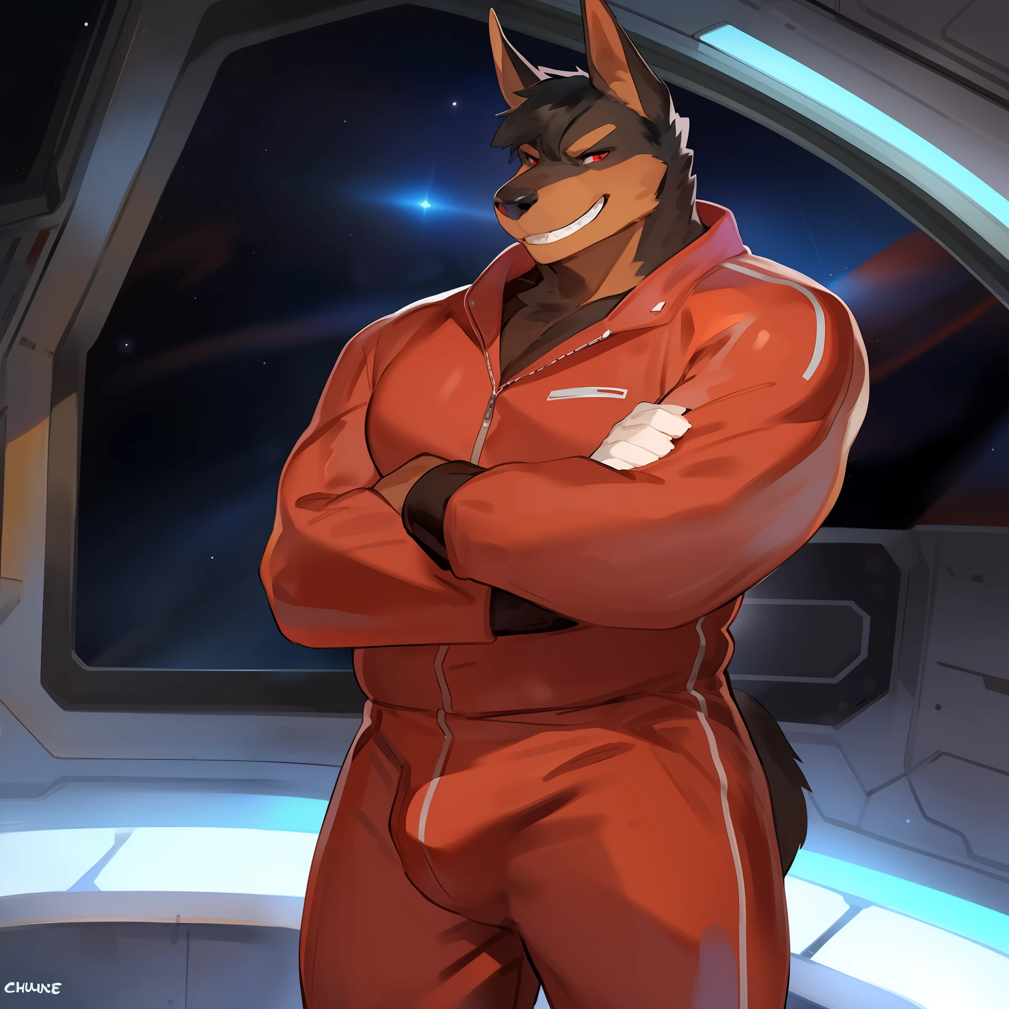 Solo, male, dobermann, canine, (((snout, long snout, pointy snout))), red eyes, detailed eyes, detailed hands, handscome, black hair, short hair, tall ears, teeth, smirking, smug expression, threatening expression, evil grin, muscular, massive biceps, large pecs, overweight, large, big, thick, detailed bulge, red jumpsuit, red spaceship, standing, spaceship, space, window, by bebebebebe, by chunie, by buta99, by mystikfox61