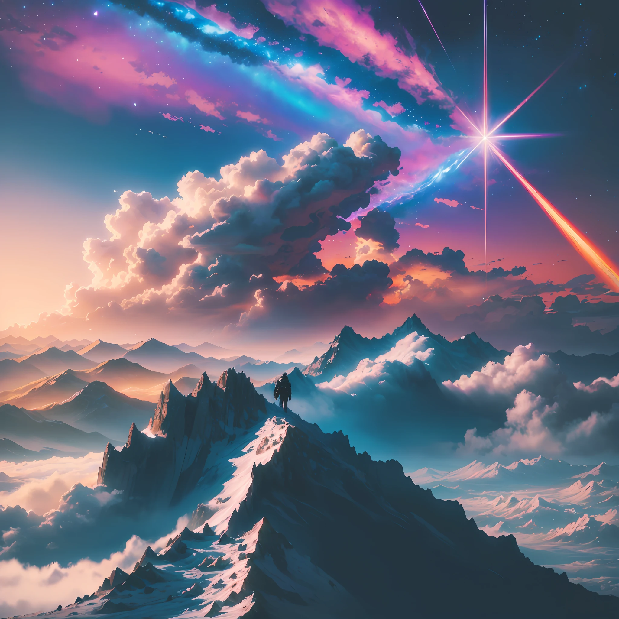 (beautiful skyline, magnificent sky), (intense and dramatic graphics, moving visuals), (hanging north star, colorful natural light), men, white, Latina, with their backs to the sky at the top of the mountain. --auto --s2