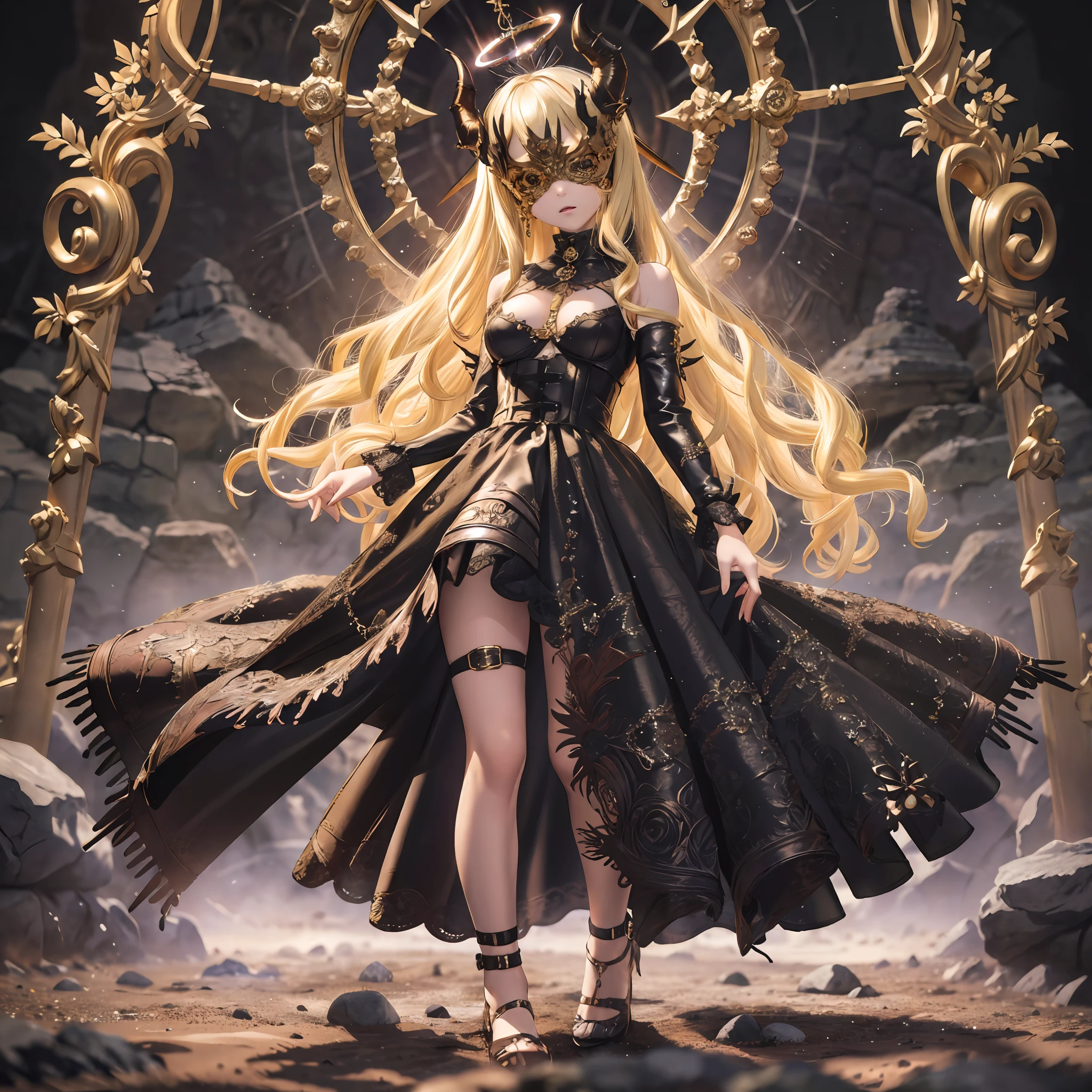 masterpiece, best quality, ultra-detailed, backlighting, 1girl wearing a halo mask, mid shot, full body, standing, long hair, disheveled hair, demon horns, (blonde hair), expressionless, gothic dress, lace trim, small breasts, bare shoulders, night, black vortex in the background, surrounded by rocks, sandrocks, water, bound