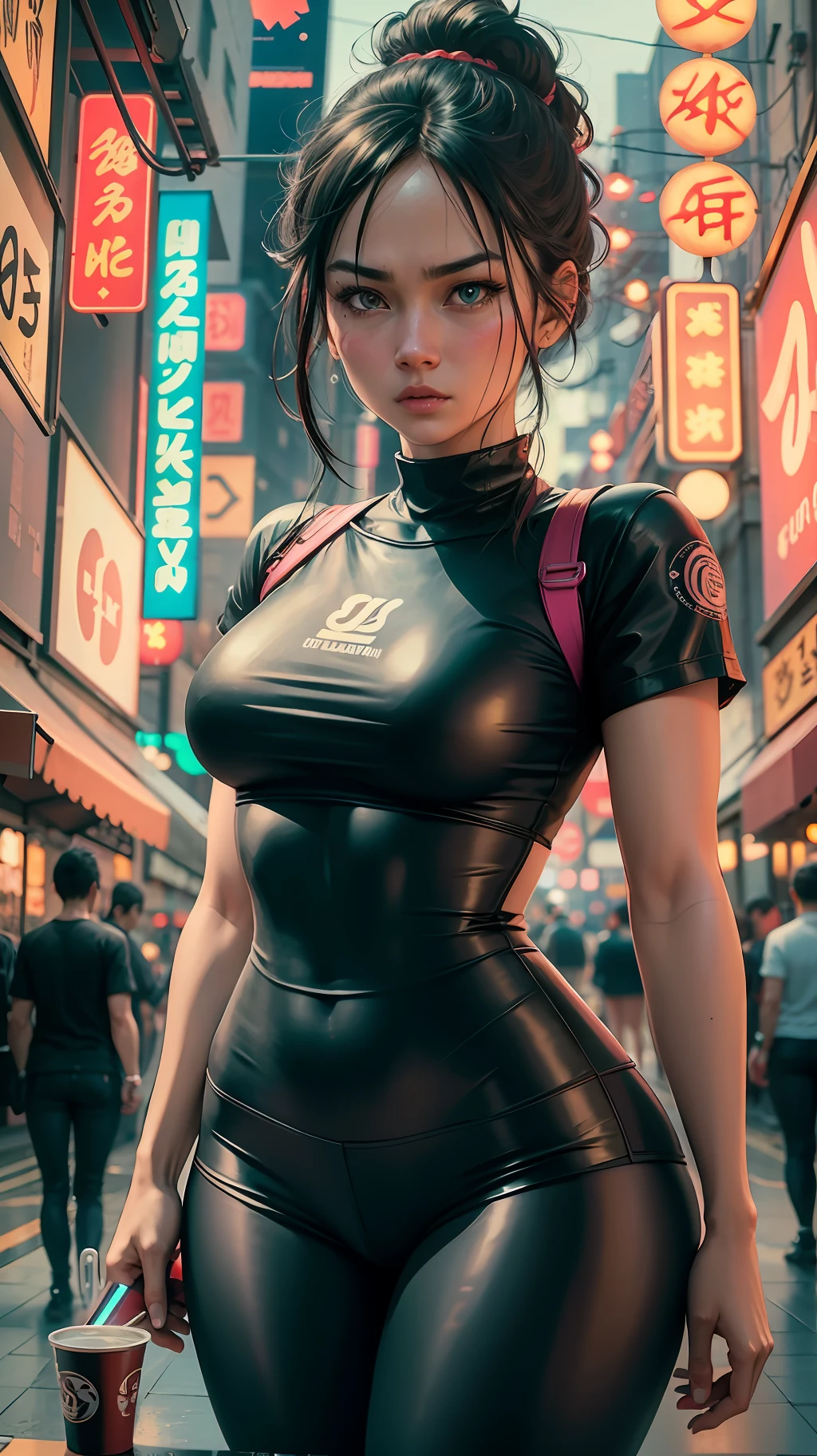 Videl Dragonball, serious face, white t-shirt, black leggings, original black long hair, long eyelashes, beautiful eyes with brightness, surrealism, shadow, stereogram, (photorealistic, realistic: 1.2), POV, atmospheric perspective, cinematic lighting, ray tracing, 8k, super detail, best quality, masterpiece, well detailed, (Canan EOS R6, 135mm, 1/1250s, f/2.8, ISO 400:0.9), cyberpunk, neon, neon signs, ramen shops