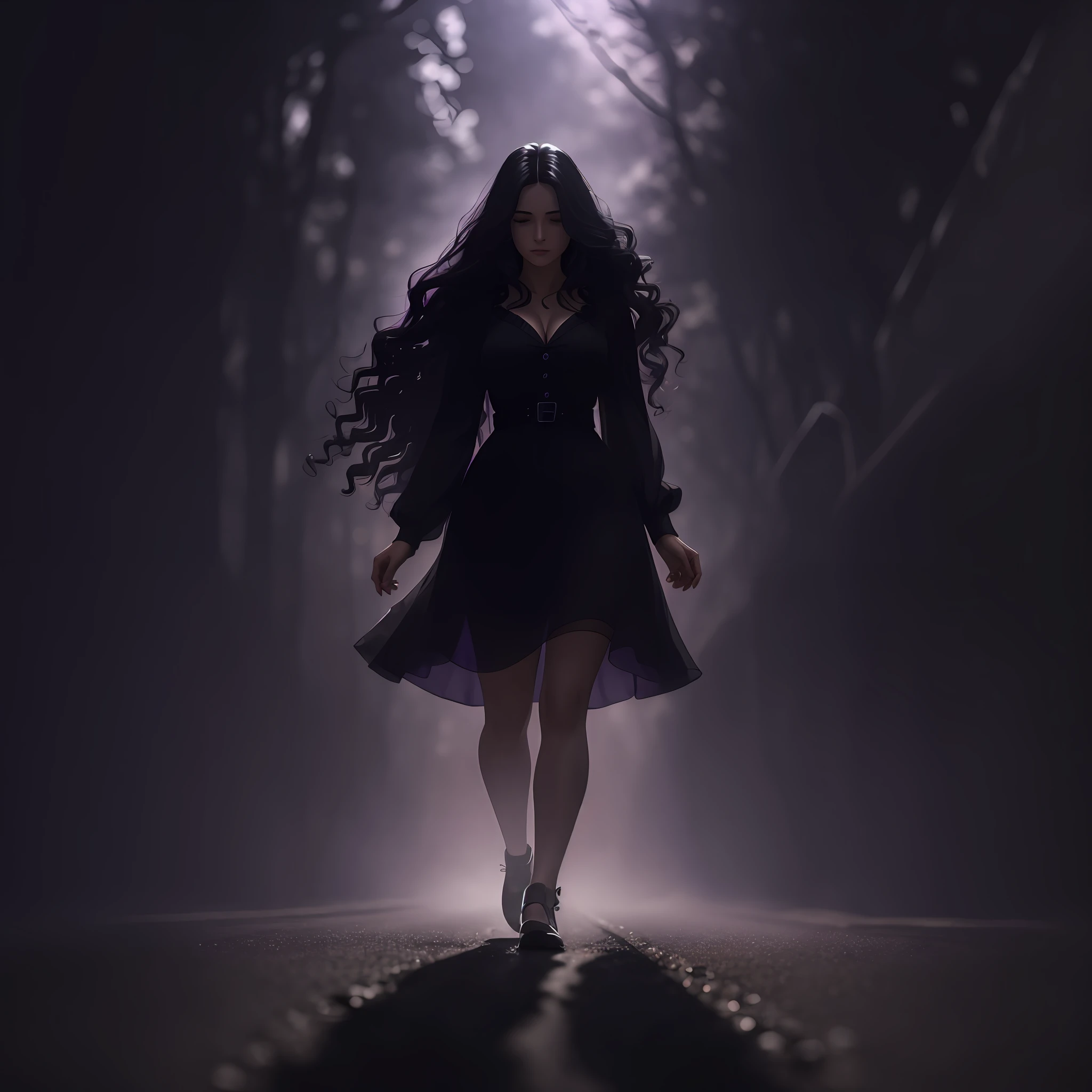 Woman walking head-on down a road at night, with fog and shadows, wavy and long black hair, detailed hand and fingers, high quality, ultra-detailed, 8k, masterpiece, (volumetric lighting), black magic, fanciful, lilac colors, purple, black and vivid shadows on the woman's return. --auto --s2