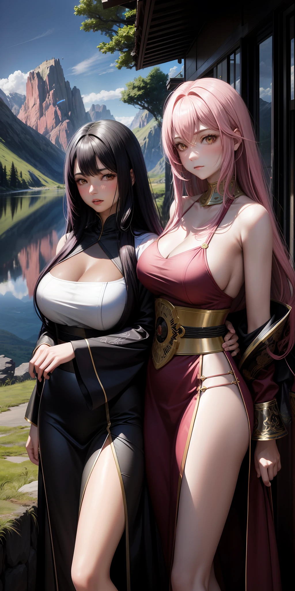 2 women, brave expression, 1 woman (PINK hair), 1 woman (BLACK hair), long straight hair, flowing dress, shiny skin, subtle blush, warm tones, sun reflection, shadows, distant mountains, willow, reflection, illuminated clouds, ultra detailed, large breasts, neckline, crevices, oriental, yae miko, kujou sara