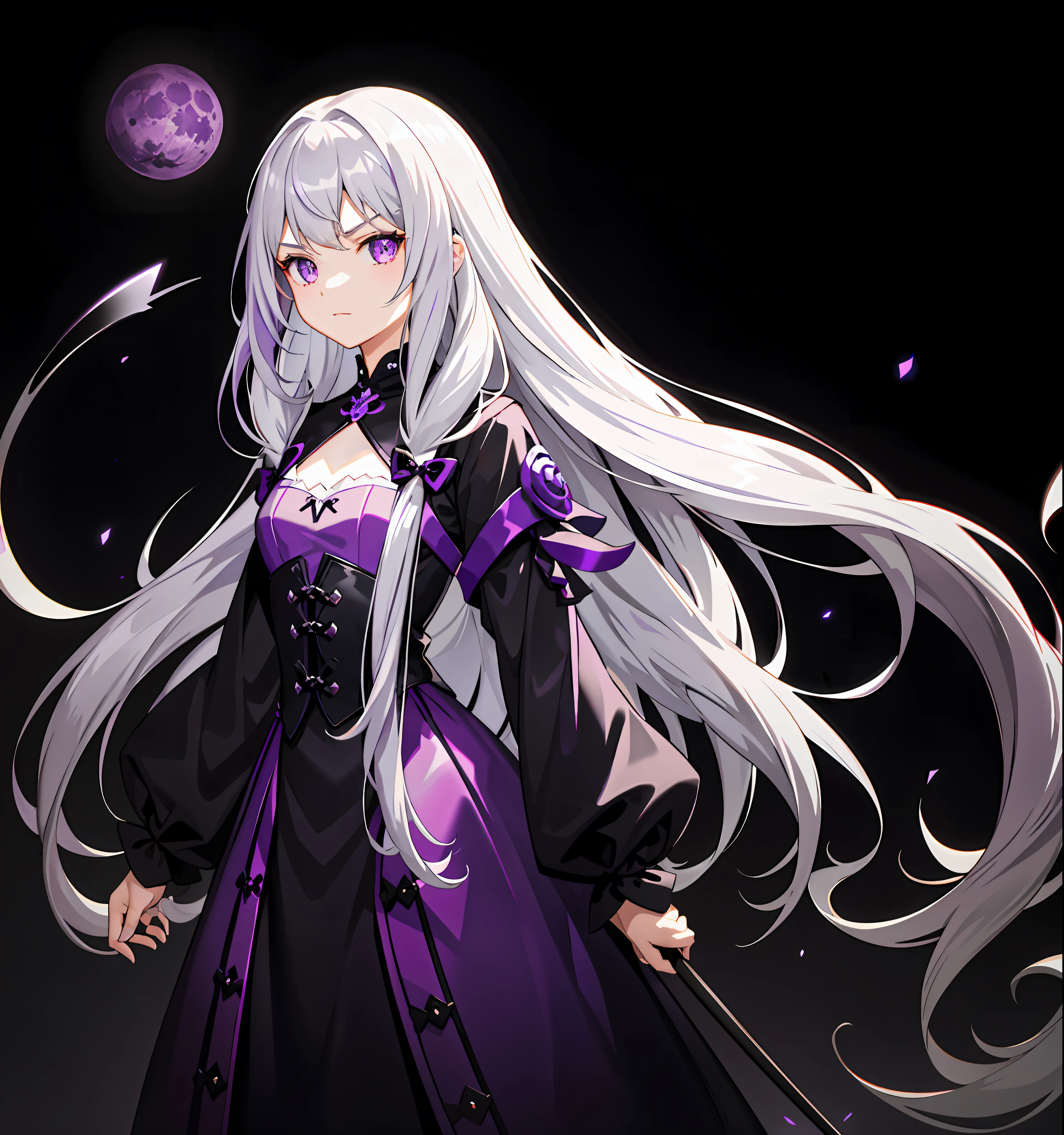 Silver long-haired girl with flat chest and fierce eyes Black clouds cover the purple moon, holding a black-purple longsword. Dressed tightly + purple skirt