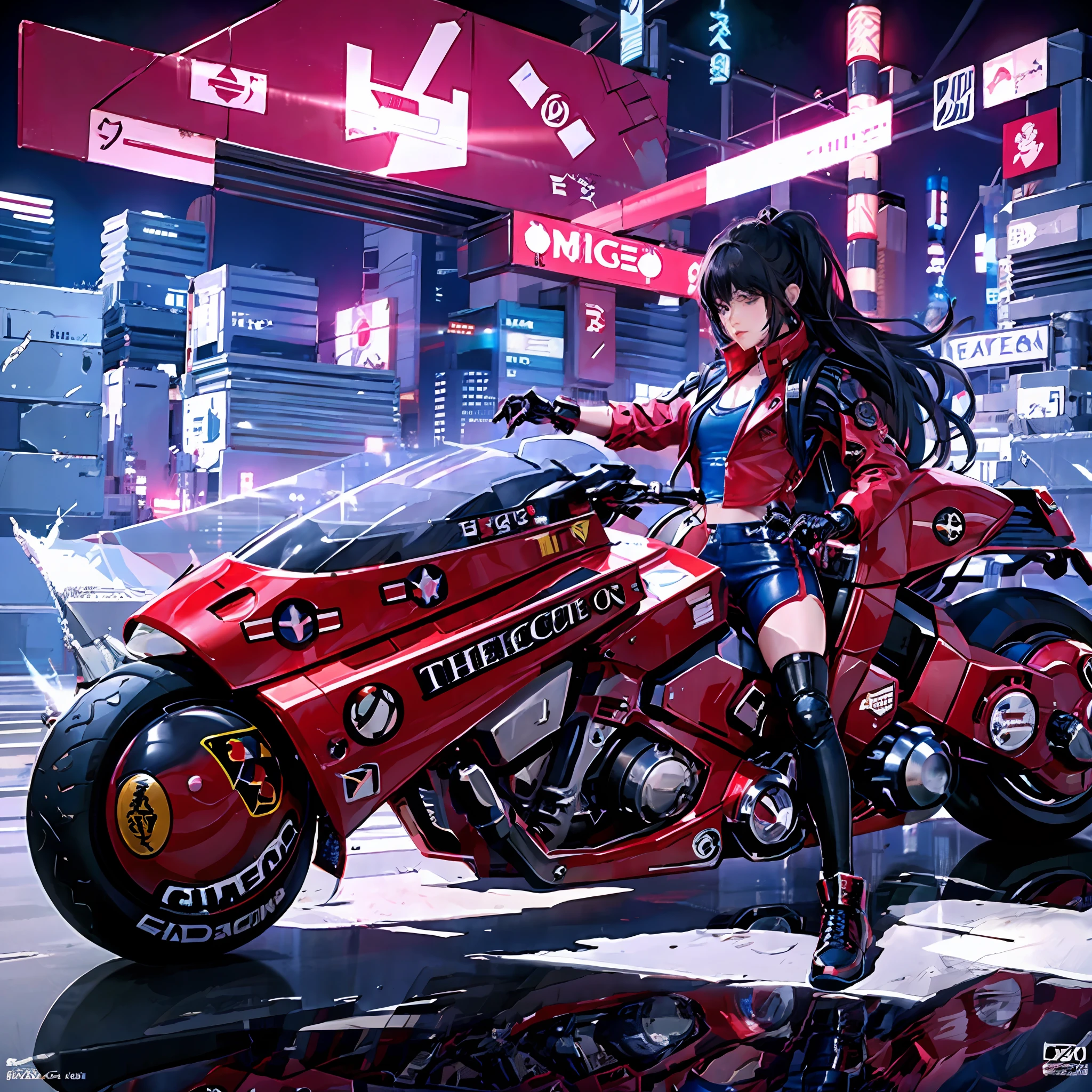 official art, unity 8k wallpaper, ultra detailed, beautiful and aesthetic, masterpiece, best quality, realist, long hair, black hair, akirabike red, cycling, night, cyberpunk city view, epic screen, cyberpunk uniform,