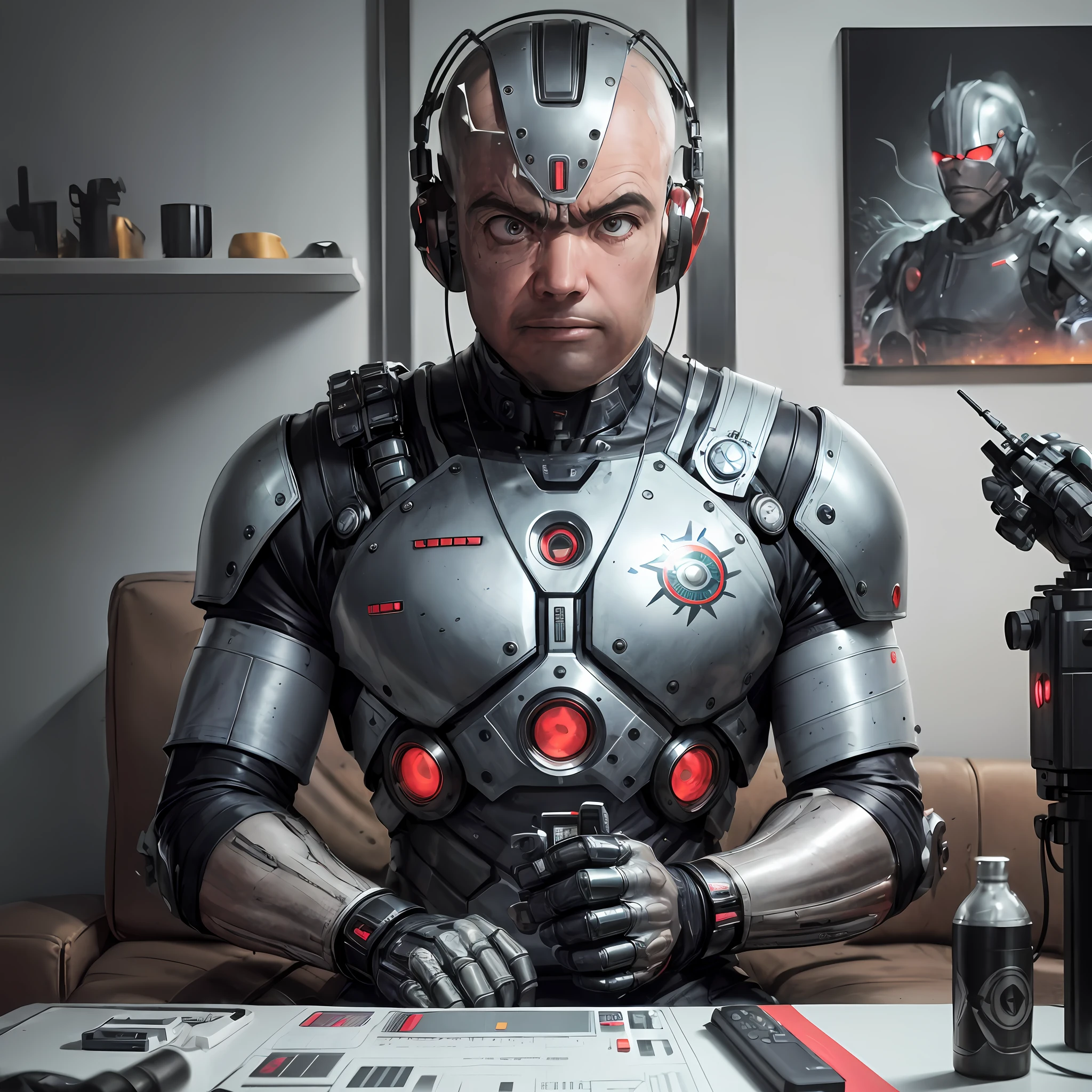 There's a cyborg Robocop sitting on a remote-controlled couch, wearing a futuristic visor. He has a bionic eye and a headset on his head, and a metal hoop with a jewel in the center surrounding his bald head. Alexguerra3 is like Robocop. The 48-year-old is inspired by artists like Syd Mead, Takashi Murakami and Refik Anadol, as well as films like Robocop, Blade Runner and The Terminator. The work is presented in 8k resolution and features concept art with a centered composition. The pose is perfectly centered and intricate. --auto --s2
