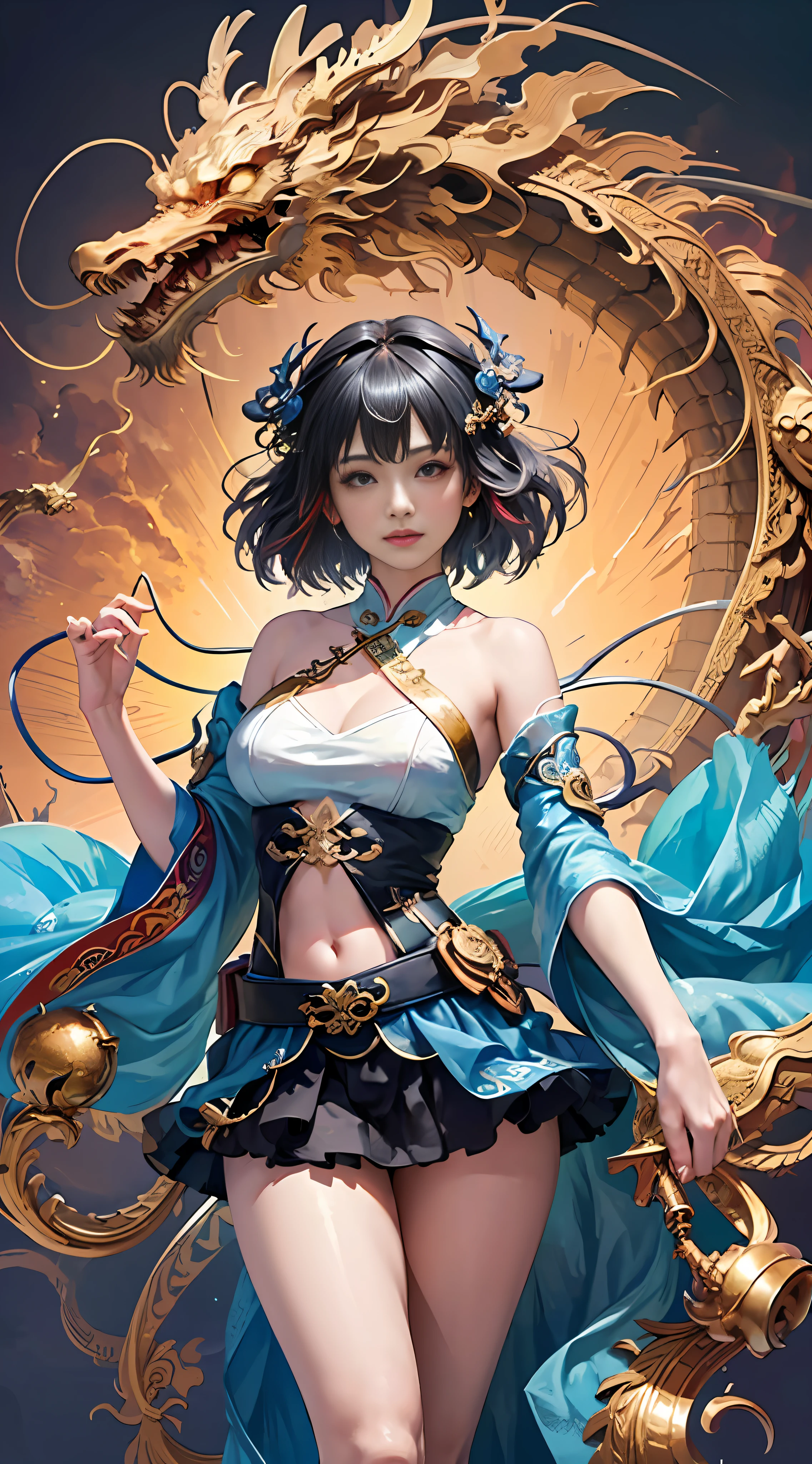 Official Art, Unified 8K Wallpapers, Ultra Detailed, Beautiful and Aesthetic, Masterpiece, Best Quality, (Zentangle, Tangle, Entangle), (fractal art: 1.4), (character center: 1.2), 1girl, black hair, Chinese, bare shoulders, short skirt, calf, navel, very detailed, dynamic angle, cowboyshot, (most beautiful form of chaos), ethereal, (bright colors), oc, (half: 1.2), china, (thangka flying sky: 1.5), (ribbon: 1.3), (dream: 1.5), (hanfu: 1.5), Chinese dragon, (smile: 0.5), (Chinese deity),