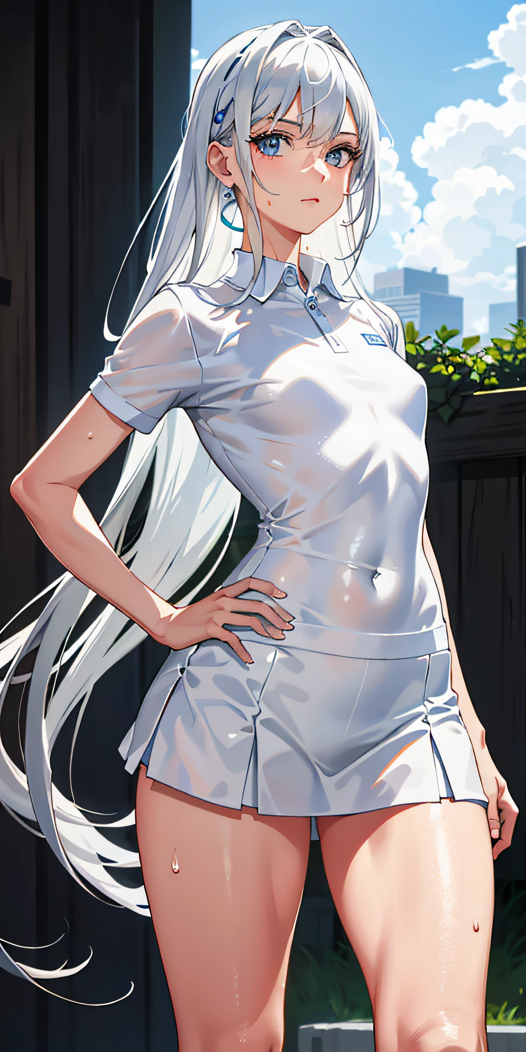 Absurd, Masterpiece, Best Quality, Realistic, Ultra Detail, (Shiny Skin, Sweat: 1.4), Slim, Gaze Viewer, 1Girl, Solo, Tennis Wear, White Polo Shirt, White Sneakers, White Miniskirt, Long Hair, Silver Hair, Blue Eyes, (Thick Thighs: 0.5), Dynamic Lighting, High Resolution, Sharp Focus, Depth of Field, Small Breasts