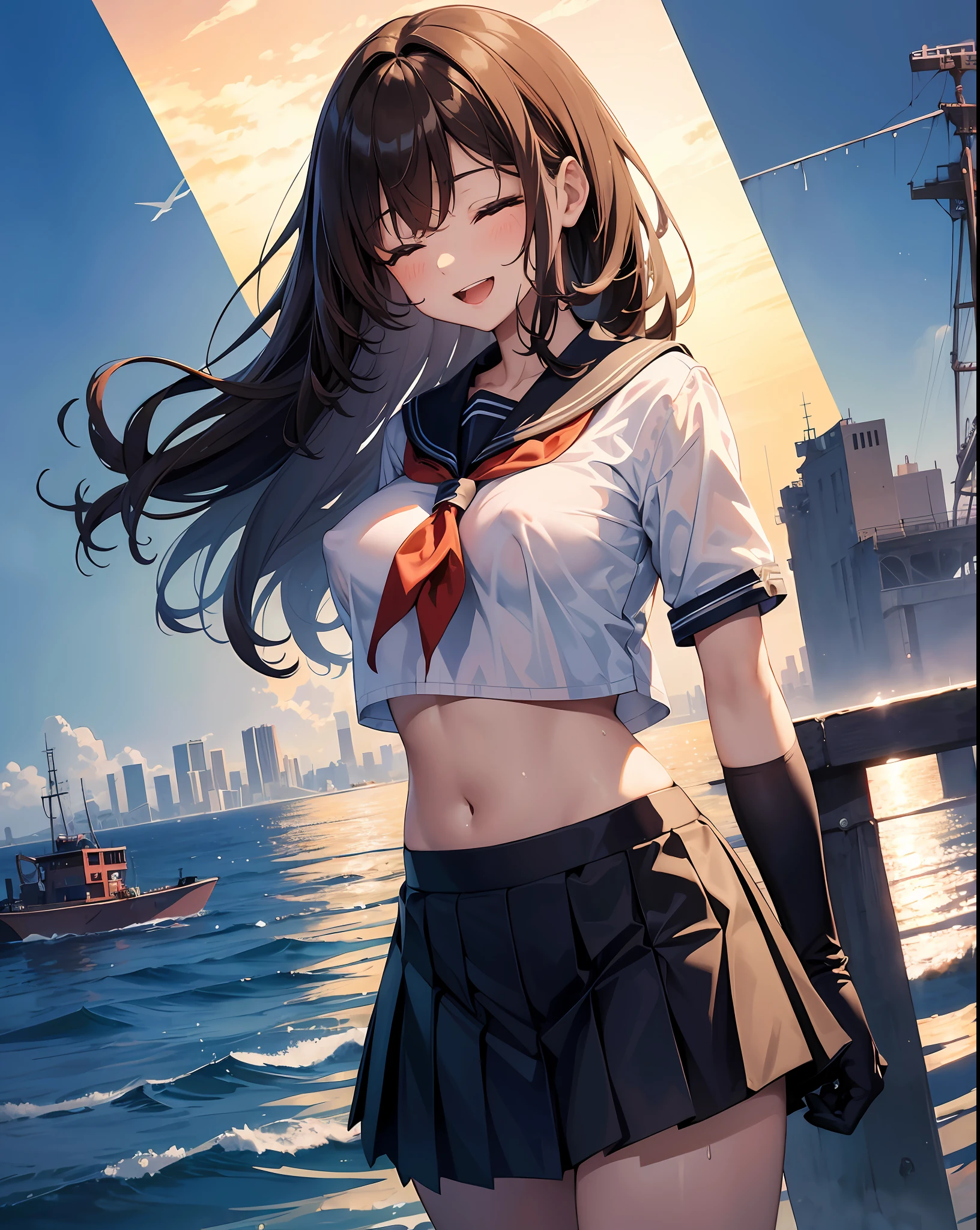 (beautiful skyline, magnificent sky), (great tension and dramatic graphics, moving visuals), (hanging north star, colorful natural light), ), (close-up, long shot mashup) 1young__ girl, lolibrown_hair, medium_bob_hair, blue_midriff_baring_sailor_uniform, mini_skirt, short_sleeve, thigh, big_,closed_eyes, smile, open_mouth, standing,harbor_ background, spread_legs, happiness, nsfw, short_gloves, wet, transparent, covered_nipples, covered_crotch, under_,