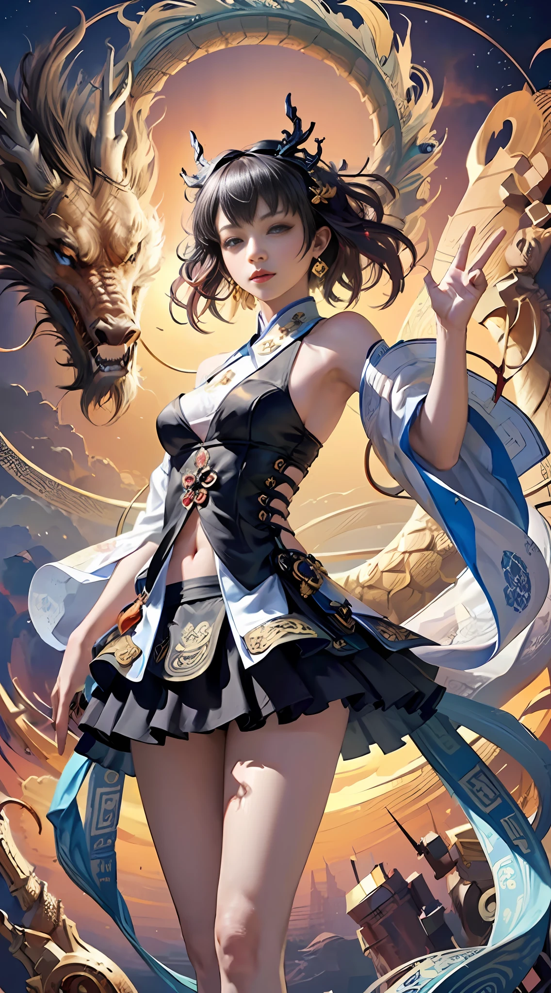 Official Art, Unified 8K Wallpapers, Ultra Detailed, Beautiful and Aesthetic, Masterpiece, Best Quality, (Zentangle, Tangle, Entangle), (fractal art: 1.4), (character center: 1.2), 1girl, black hair, Chinese, bare shoulders, short skirt, calf, navel, very detailed, dynamic angle, cowboyshot, (most beautiful form of chaos), ethereal, (bright colors), oc, (half: 1.2), china, (thangka flying sky: 1.5), (ribbon: 1.3), (dream: 1.5), (hanfu: 1.5), Chinese dragon, (smile: 0.5), (Chinese deity),