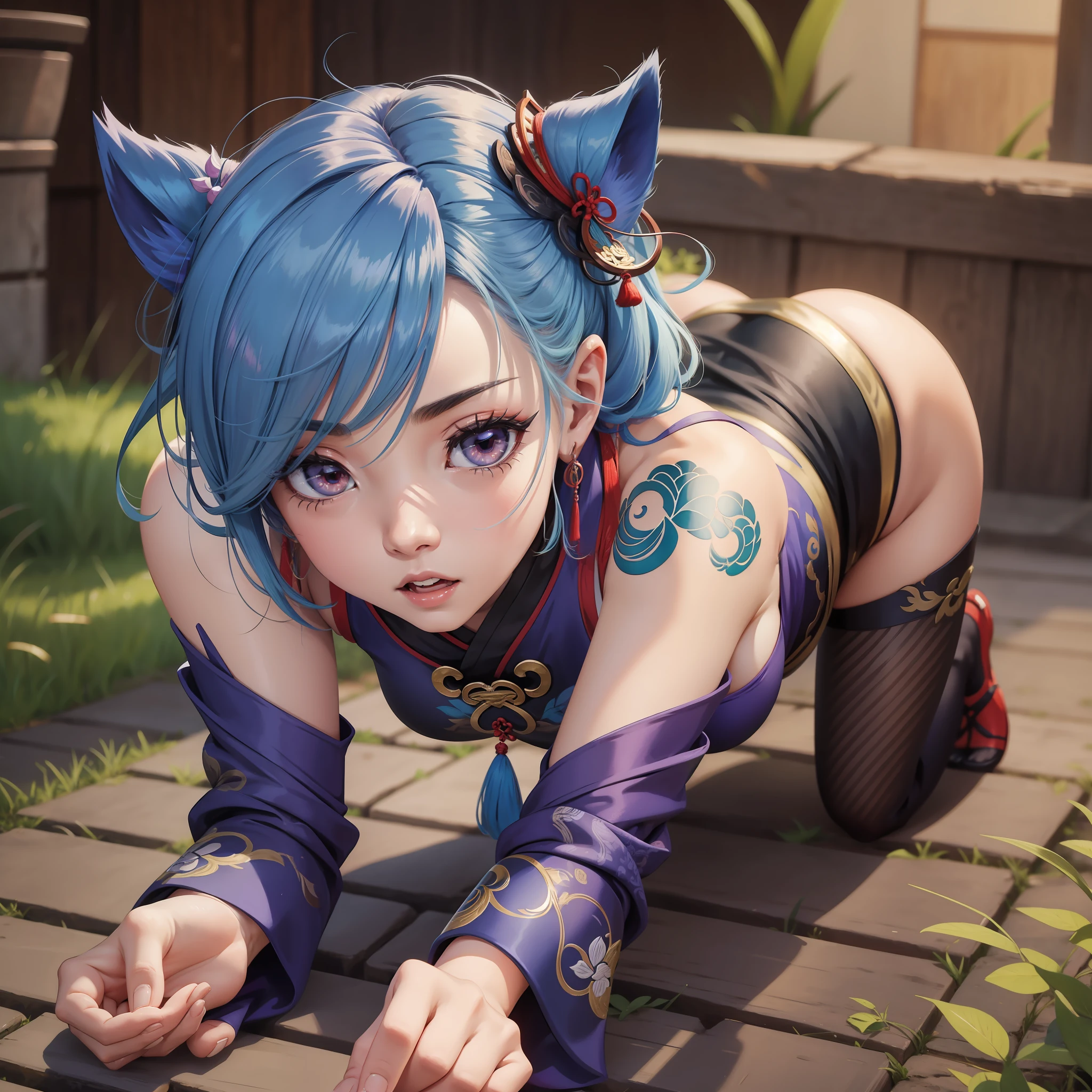 Shenhe from Genshin Impact, crawling on all fours, looking at the viewer, big breasts --auto --s2