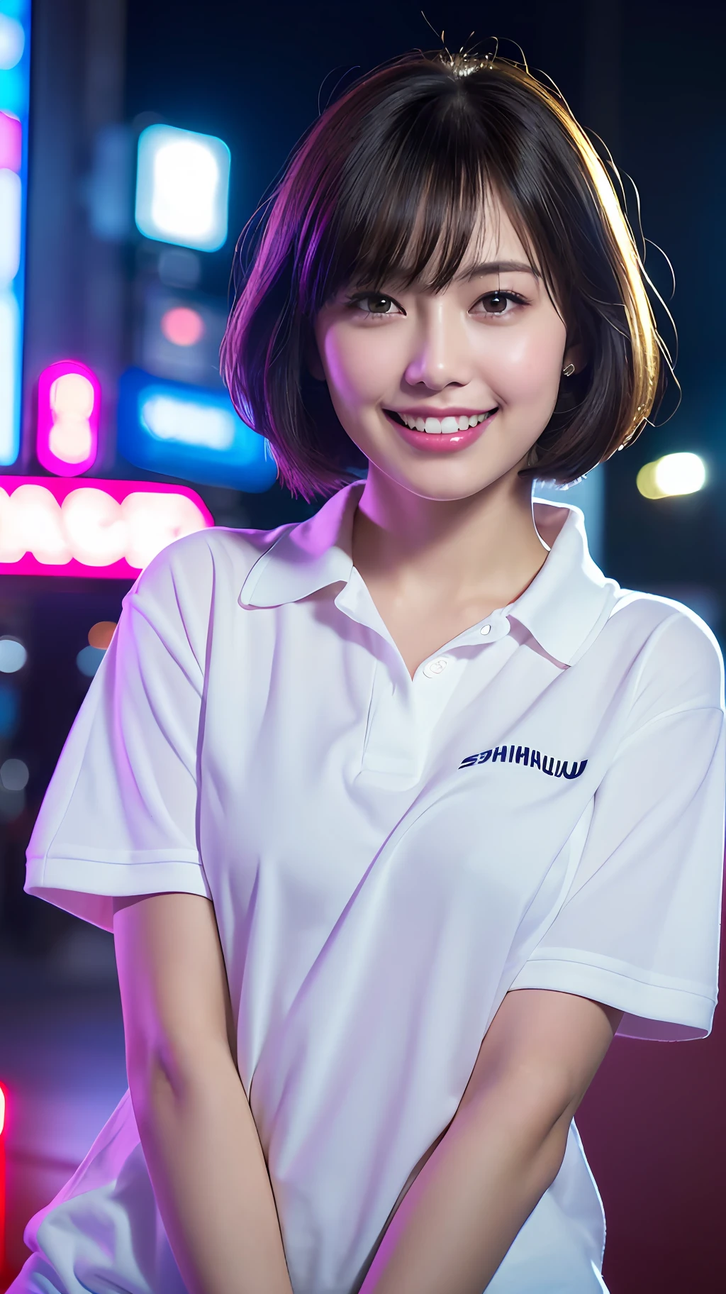 (8k, RAW Photos, Best Quality, High Resolution: 1.1), (Ultra Realistic: 1.4), (Realistic, Photorealistic: 1.3), Soft Light, Big Girl, Realistic Face, Realistic Body, Realistic Skin, Absurdity, Masterpiece, (Cute: 1.8), Cuties, Solo, (Large: 1.2), Detailed Black Eyes, Innocent Eyes, Cheeks, (Polo Shirts: 1.2), Cinema Light, Film Grain, (((Short Bob Hair: 1.1)), Cherry Colored Lips, Close-up, Look Viewer, Upper Body, Open Lips, Top Teeth, (Smiling Eyes: 0.6), (((grinning: 1.2)), Depth of Field, Blurred Background, Eye Focus, Bokeh, Young, Midnight, Shinjuku, Neon Sign, 85mm Lens, f/1.4, Professional Lighting, Young, Portrait, Photon Mapping, Radiosity, physically based rendering