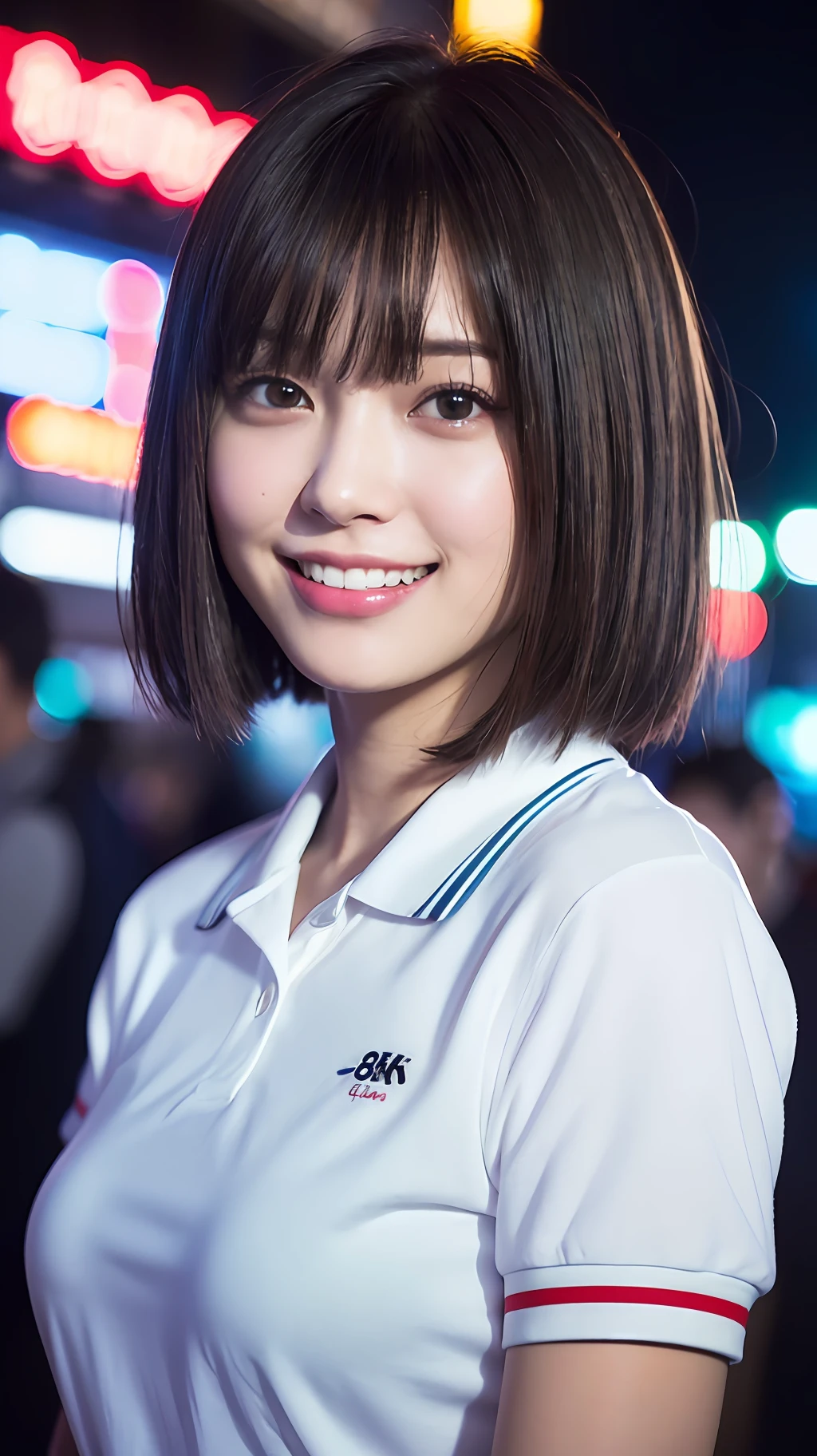 (8k, RAW Photos, Best Quality, High Resolution: 1.1), (Ultra Realistic: 1.4), (Realistic, Photorealistic: 1.3), Soft Light, Big Girl, Realistic Face, Realistic Body, Realistic Skin, Absurdity, Masterpiece, (Cute: 1.8), Cuties, Solo, (Large: 1.2), Detailed Black Eyes, Innocent Eyes, Cheeks, (Polo Shirts: 1.2), Cinema Light, Film Grain, (((Short Bob Hair: 1.1)), Cherry Colored Lips, Close-up, Look Viewer, Upper Body, Open Lips, Top Teeth, (Smiling Eyes: 0.6), (((grinning: 1.2)), Depth of Field, Blurred Background, Eye Focus, Bokeh, Young, Midnight, Shinjuku, Neon Sign, 85mm Lens, f/1.4, Professional Lighting, Young, Portrait, Photon Mapping, Radiosity, physically based rendering