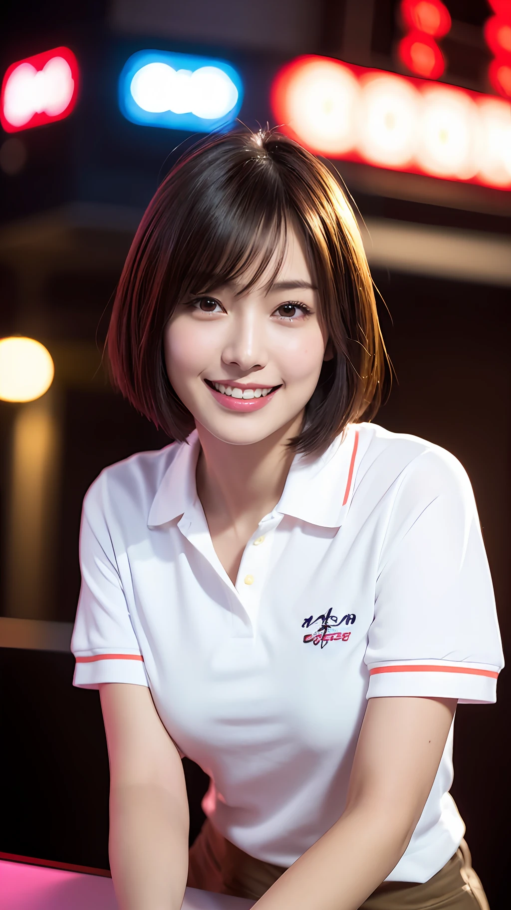 (8k, RAW Photos, Best Quality, High Resolution: 1.1), (Ultra Realistic: 1.4), (Realistic, Photorealistic: 1.3), Soft Light, Big Girl, Realistic Face, Realistic Body, Realistic Skin, Absurdity, Masterpiece, (Cute: 1.8), Cuties, Solo, (Large: 1.2), Detailed Black Eyes, Innocent Eyes, Cheeks, (Polo Shirts: 1.2), Cinema Light, Film Grain, (((Short Bob Hair: 1.1)), Cherry Colored Lips, Close-up, Look Viewer, Upper Body, Open Lips, Top Teeth, (Smiling Eyes: 0.6), (((grinning: 1.2)), Depth of Field, Blurred Background, Eye Focus, Bokeh, Young, Midnight, Shinjuku, Neon Sign, 85mm Lens, f/1.4, Professional Lighting, Young, Portrait, Photon Mapping, Radiosity, physically based rendering