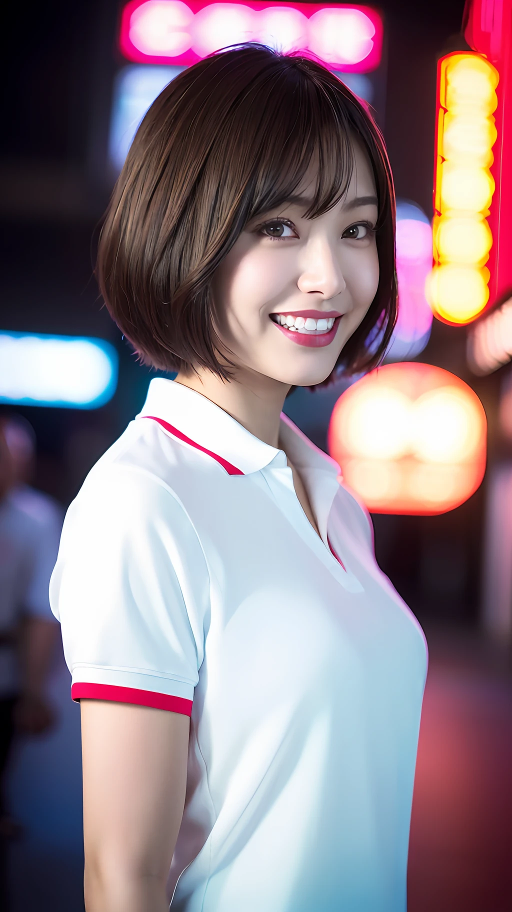 (8k, RAW Photos, Best Quality, High Resolution: 1.1), (Ultra Realistic: 1.4), (Realistic, Photorealistic: 1.3), Soft Light, Big Girl, Realistic Face, Realistic Body, Realistic Skin, Absurdity, Masterpiece, (Cute: 1.8), Cuties, Solo, (Large: 1.2), Detailed Black Eyes, Innocent Eyes, Cheeks, (Polo Shirts: 1.2), Cinema Light, Film Grain, (((Short Bob Hair: 1.1)), Cherry Colored Lips, Close-up, Look Viewer, Upper Body, Open Lips, Top Teeth, (Smiling Eyes: 0.6), (((grinning: 1.2)), Depth of Field, Blurred Background, Eye Focus, Bokeh, Young, Midnight, Shinjuku, Neon Sign, 85mm Lens, f/1.4, Professional Lighting, Young, Portrait, Photon Mapping, Radiosity, physically based rendering