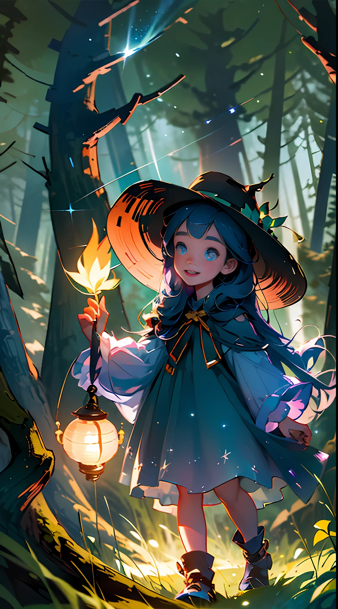There is a blue Milky Way in the night sky, and under the big trees in the forest, a little girl with long hair and a hat explores in the forest with a lantern, and there are many fireflies around her. She has a smiling expression, extreme detail, rendering, 4K quality