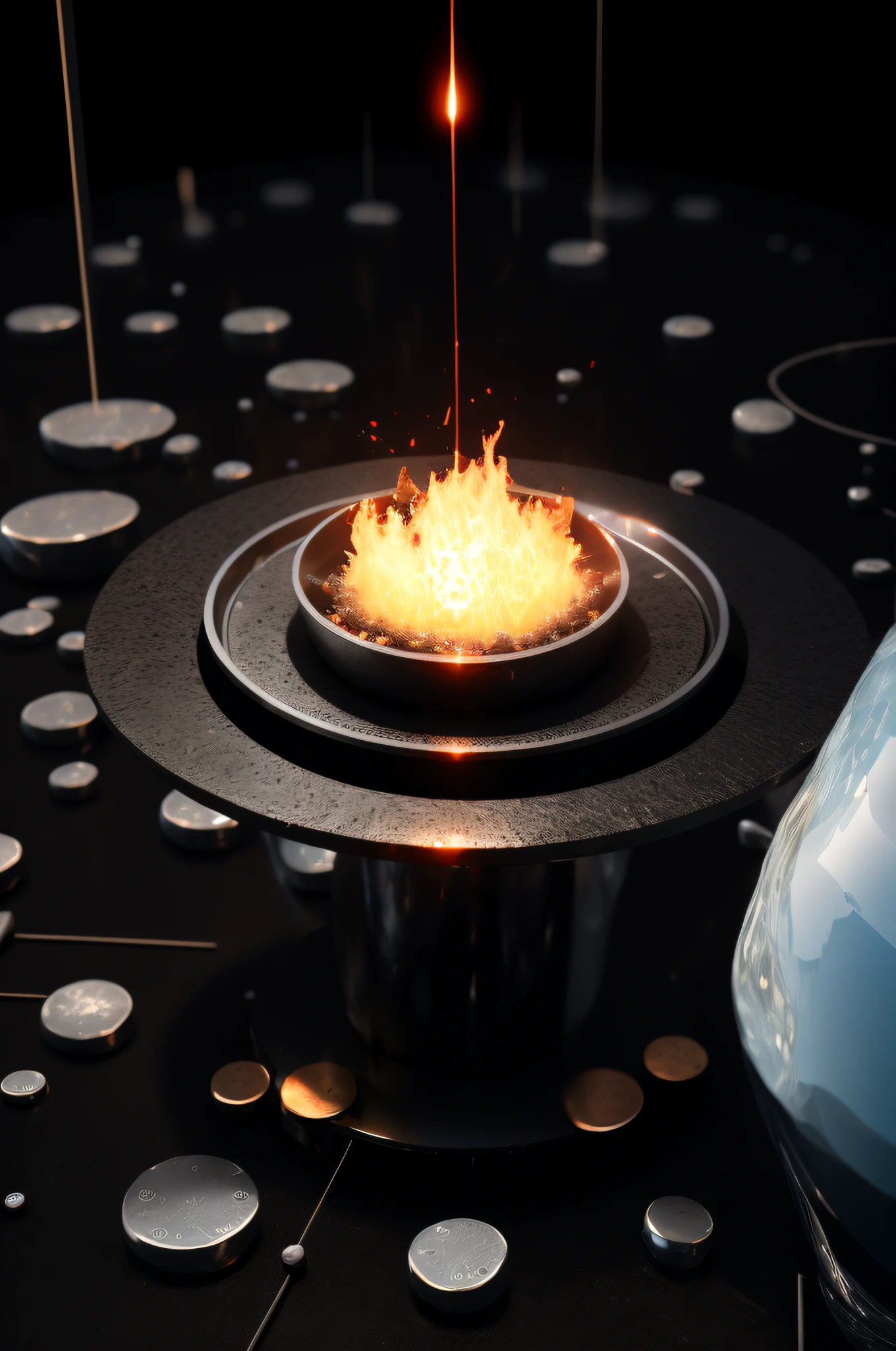 There is a fire in a bowl on a table with many circles, sparks and liquid fire, liquid fire, GeForce RTX 3090 on fire, fire particles in front, represented as a 3D rendering, rendered in keyshot, highly detailed. octane rendering, hyper-realistic octane rendering, 3D fluid simulation rendering, redshift rendered fired strontium-84 atoms at silver atoms as a target and studied the resulting decay products