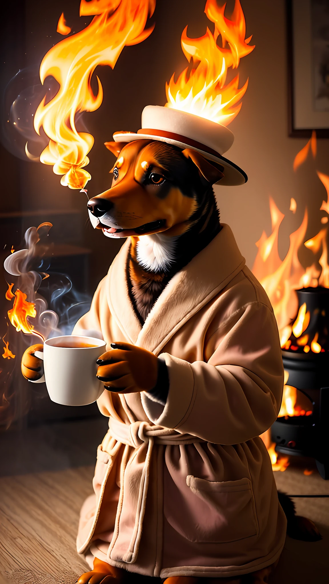 (best quality:1.23), (masterpiece:1.12), (realistic:1.24), (anthropomorphic dog:1.5) holding a coffee cup, sitting, in a robe, eating breakfast and holding a coffee cup, hat, particles, volumetric lighting, room burn down, ground and chair on fire, lots of gadgets and equipment on fire, smoke, (flames all around:1.2),