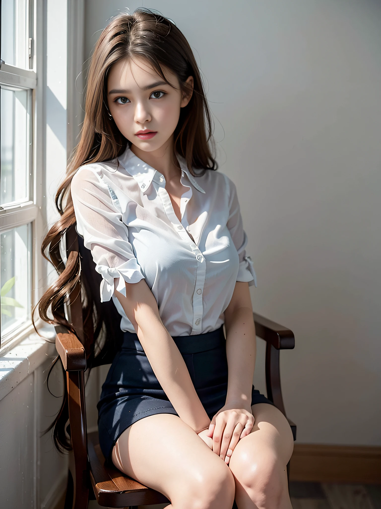 (Photoreal: 1.4), (Hyperrealistic: 1.4), (Realistic: 1.3), (Smooth Lighting: 1.05), (Improved cinematic lighting quality: 0.9), 32K, 1 female, 24 years old business woman, sitting in a chair with her knees together, realistic lighting, backlight, face light, ray tracking, (bright light: 1.2), (Quality improvement: 1.4), (Top quality realistic textured skin: 1.4), Fine detailed eyes, Detailed face, Fine quality eyes, Dark brown eyes, (Tired, sleepy and satisfied: 0.0), White blouse, dark blue tight skirt with slit on the side without any frills fitting the body, dark brown hair, white shiny silk socks, black strap pumps, bright morning light, White wall background with shadows by the window, light leaking from the leaves silhouettes and falls on the wall