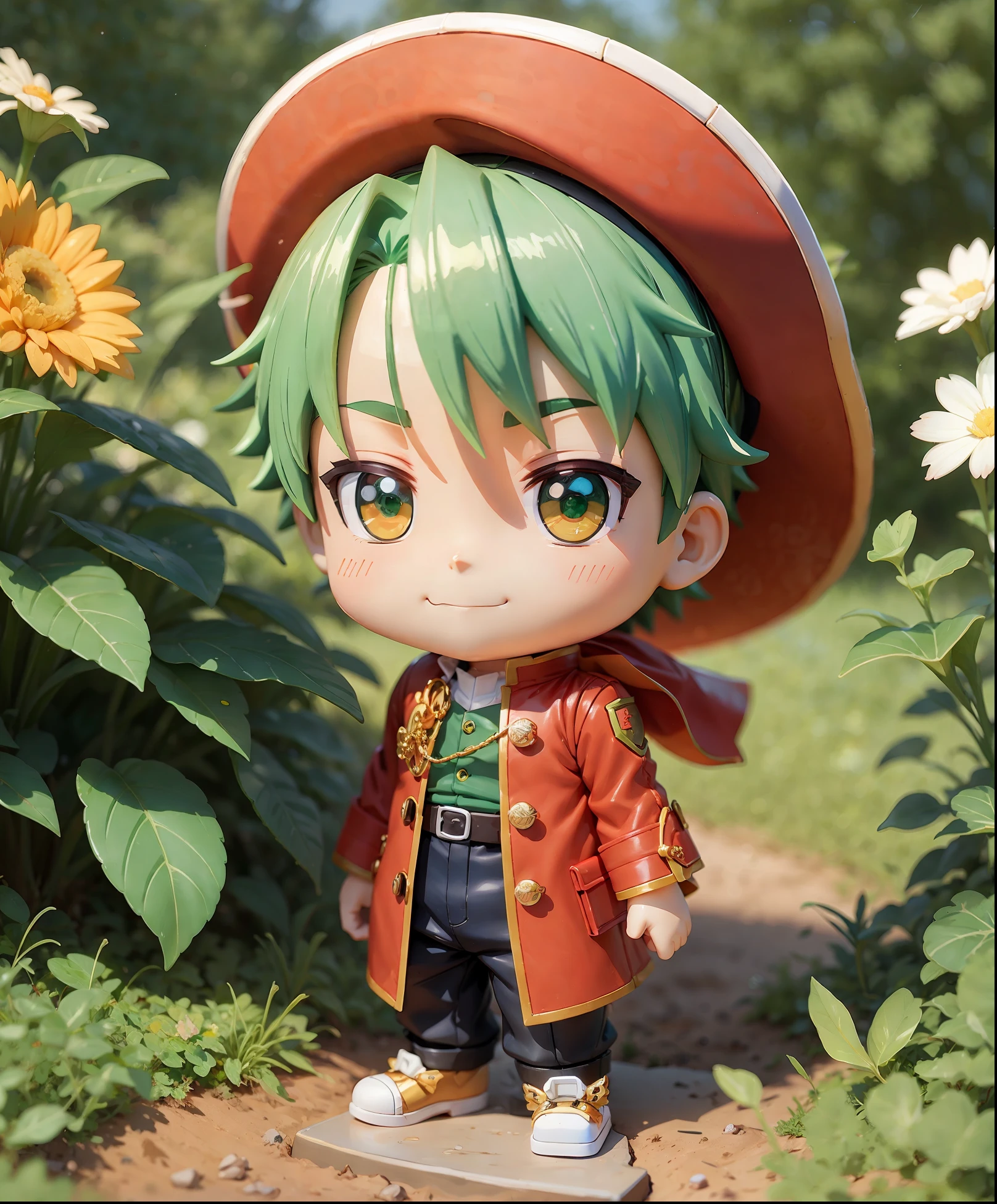 anime figurine of a boy with green hair and a red hat, style as nendoroid, water color nendoroid, nendoroid 3 d, nendoroid, nendoroid eyes, stylized anime, super highly detailed, highly detailed character, anime highly detailed, good smile company anime style, cute character, nendroid, q posket