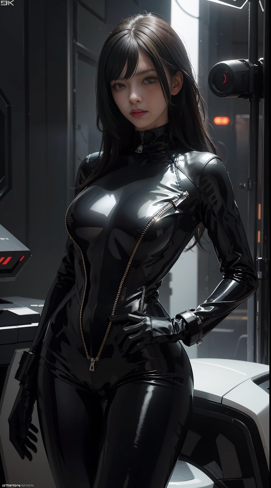 solo, super fine photo, portrait Unreal Engine 5 8K UHD of a girl in a skin tight futuristic black latex outfit with white jacket, slick black catsuit, black iconic character, smooth black skin, black body, PVC, glossy latex suit, rubber suit, rubber belts, collar, futuristic full face helmet, futuristic rubber glove, futuristic high boots, arm and leg cuffs, straps, cyberpunk world, have a gun, best quality, masterpiece, official art, unified 8k wallpaper, super detailed, sharp focus, dynamic pose, body parts, no extra limbs, precisely anatomy