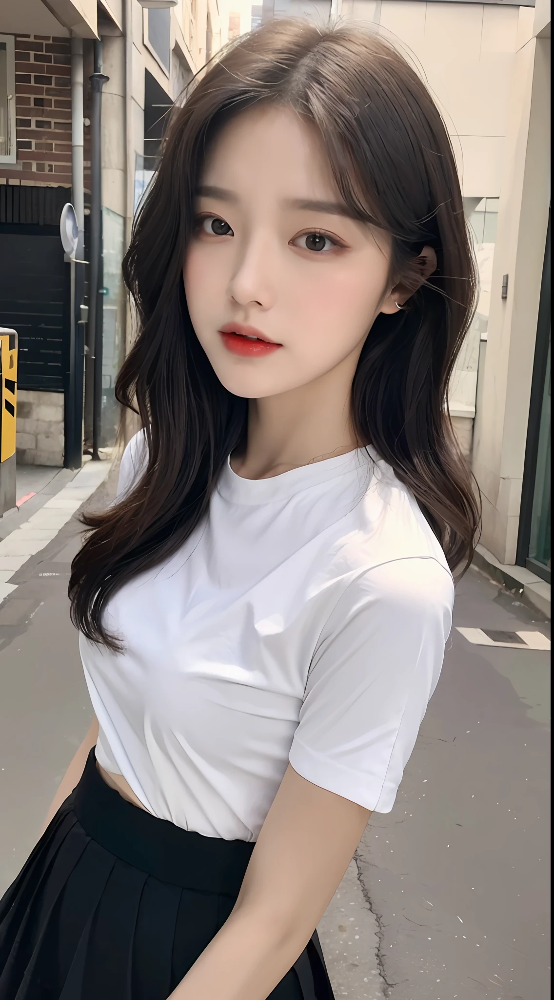 ((Best Quality, 8K, Masterpiece: 1.3)), Focus: 1.2, Perfect Body Beauty: 1.4, Buttocks: 1.2, (Layered Haircut: 1.2)), (Dark Street: 1.3), Highly Detailed Face and Skin Texture, Full Body, Delicate Eyes, Double Eyelids, Whitened Skin, short wavy Hair, (Round Face: 1.5), white tight shirt, black short A skirt