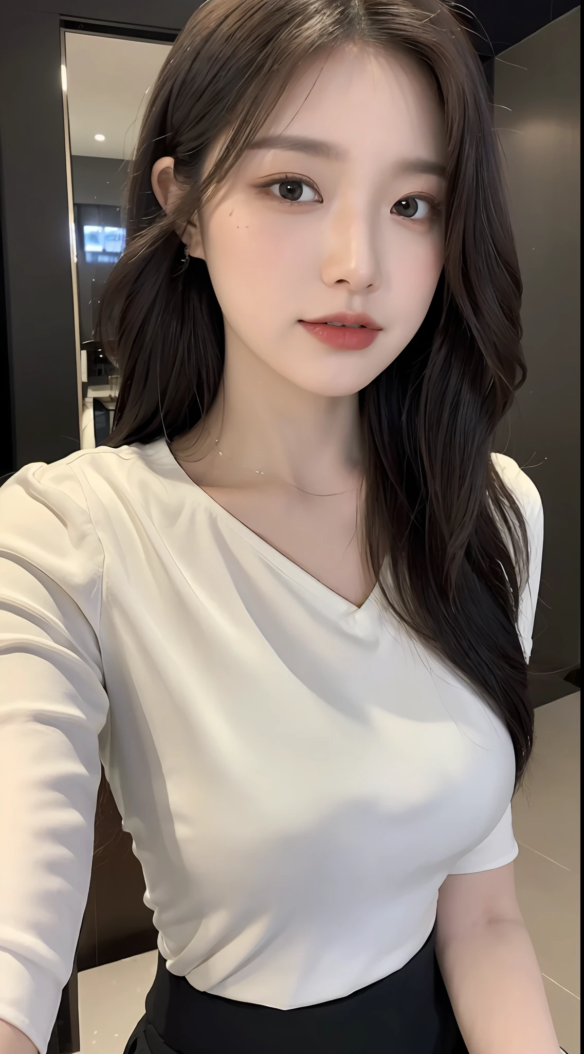 ((Best Quality, 8K, Masterpiece: 1.3)), Focus: 1.2, Perfect Body Beauty: 1.4, Buttocks: 1.2, (Layered Haircut: 1.2)), (Dark Street: 1.3), Highly Detailed Face and Skin Texture, Full Body, Delicate Eyes, Double Eyelids, Whitened Skin, short wavy Hair, (Round Face: 1.5), white tight shirt, black short A skirt