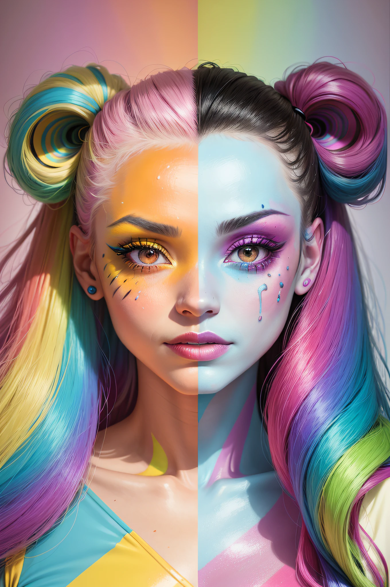 a woman with colorful makeup and rainbow paint on her face, creative colorfull - makeup, colorful photo, creative makeup, color photograph portrait 4k, colorful picture, colorful, colorfully, colorful rave makeup, pop art look, color portrait, painted face, beautiful and colorful, colorful photograph, colorful mood, bright and colorful, painted look, portrait color glamour