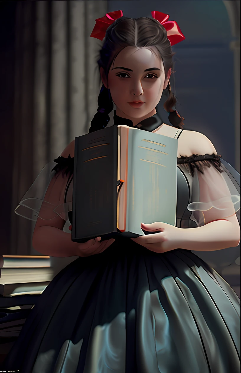 A chubby woman with white skin, with freckles in the nose area, she has brown eyes and compressed, wavy and dark hair, she has large breasts and is wearing a black dress and is sitting on the couch while reading a book