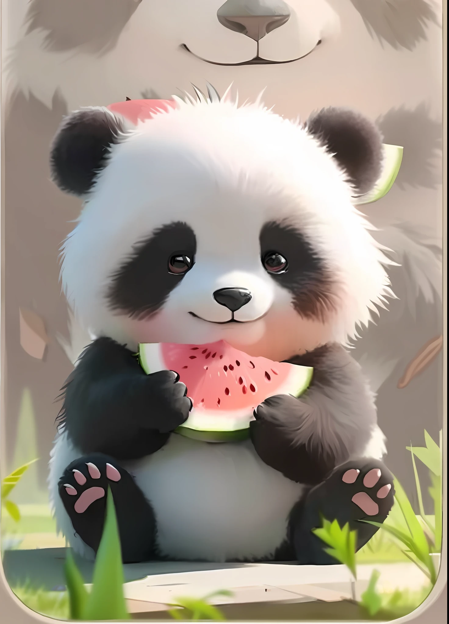 panda bear eating a piece of watermelon in a field, cute panda, panda panda panda, a cute giant panda, panda, tian zi, by Li Fangying, cute single animal, cute animal, adorable digital painting, cute cartoon, cute digital art, cute artwork, by Liu Haisu, cute detailed artwork, by Ren Renfa, cute 3 d render --auto --s2