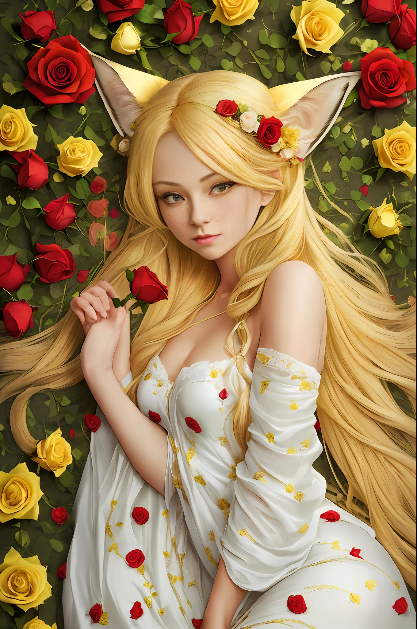 ((best quality)), an extremely delicate and beautiful, (a young woman:1.3) with (long blonde hair:1.1), wearing a (long flowing night gown),(yellow fox ears:1.2 and tail:1.2), (laying on:1.1) a (red roses:1.3), with thorns, manga art style --auto --s2