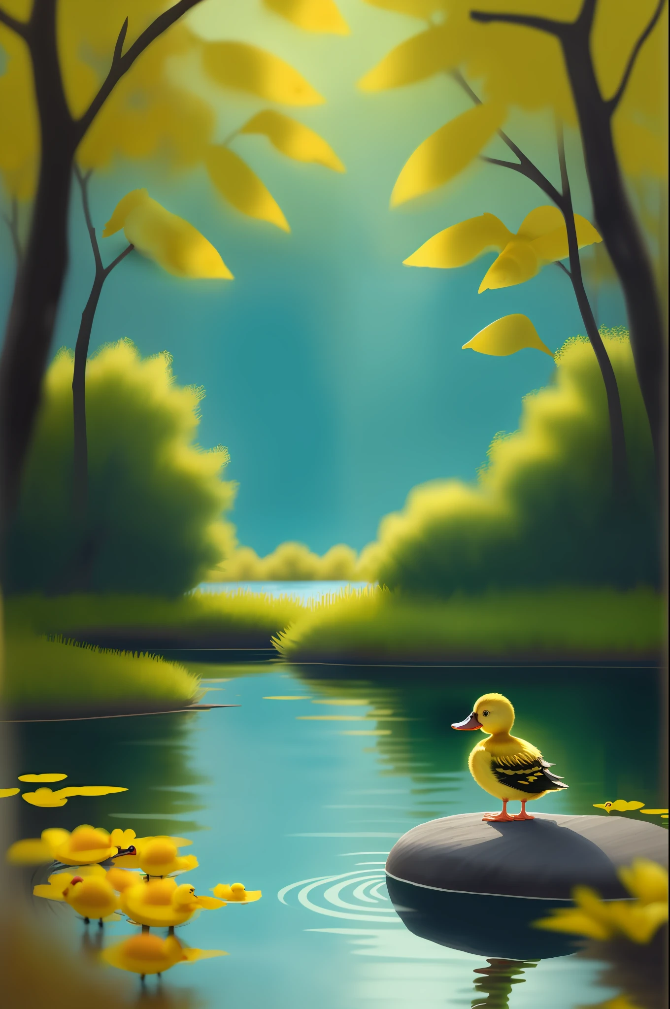 Once upon a time there was a little yellow duckling named Pingo. He lived on the edge of a tranquil lake, surrounded by beautiful trees and colorful flowers. Pingo loved to swim and play in the water, but he always felt a little different from the other ducklings.