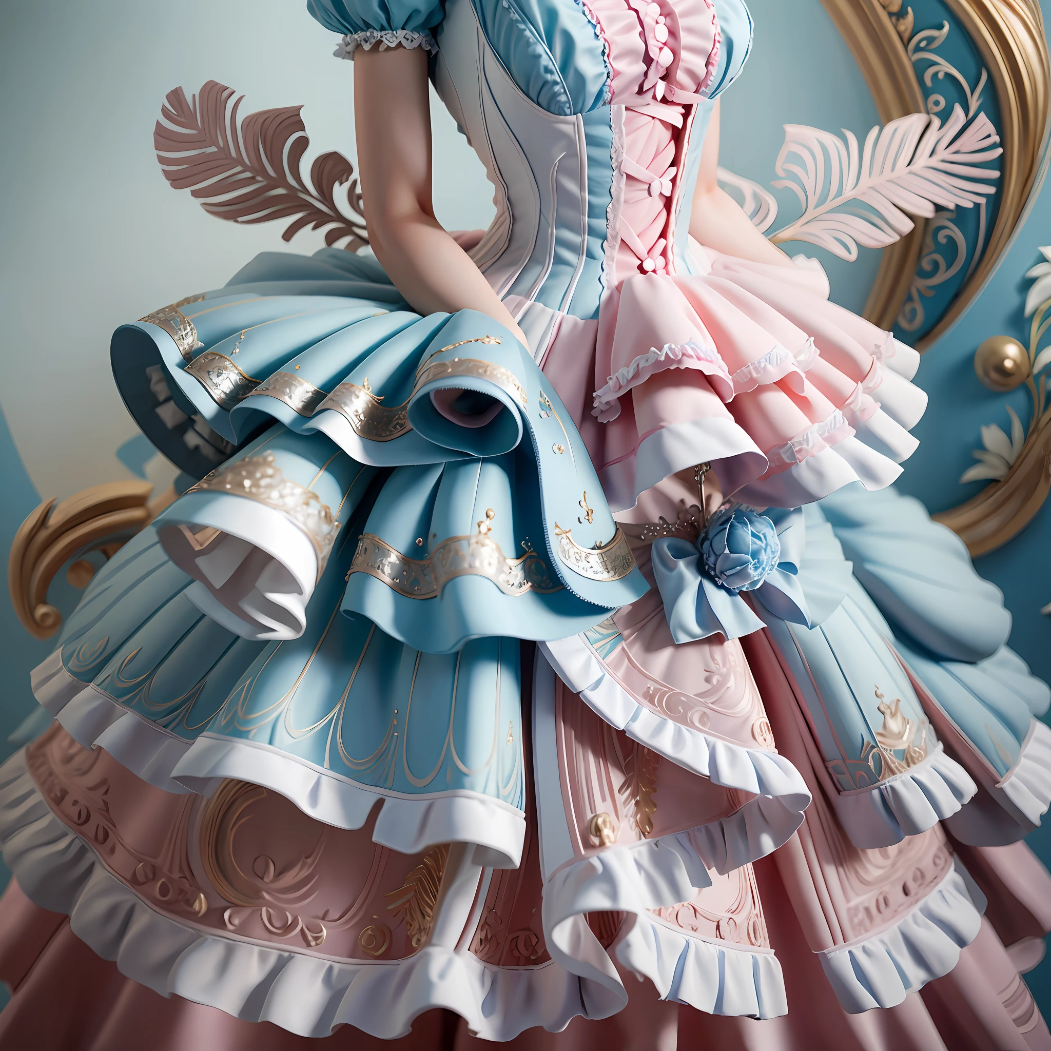 best quality, masterpiece, best definition, artwork, super detailed, many details, details, detailed, woman, 20 years, full body, full body, ball gown, super detailed dress, long dress, dress with many ruffles, dress with many bows, pink bows, victorian dress, detailed victorian dress, victorian dress with bows, pink, ruffles, many ruffles, very bulky dress,  light blue dress, dress with ruffles, bows, many bows.