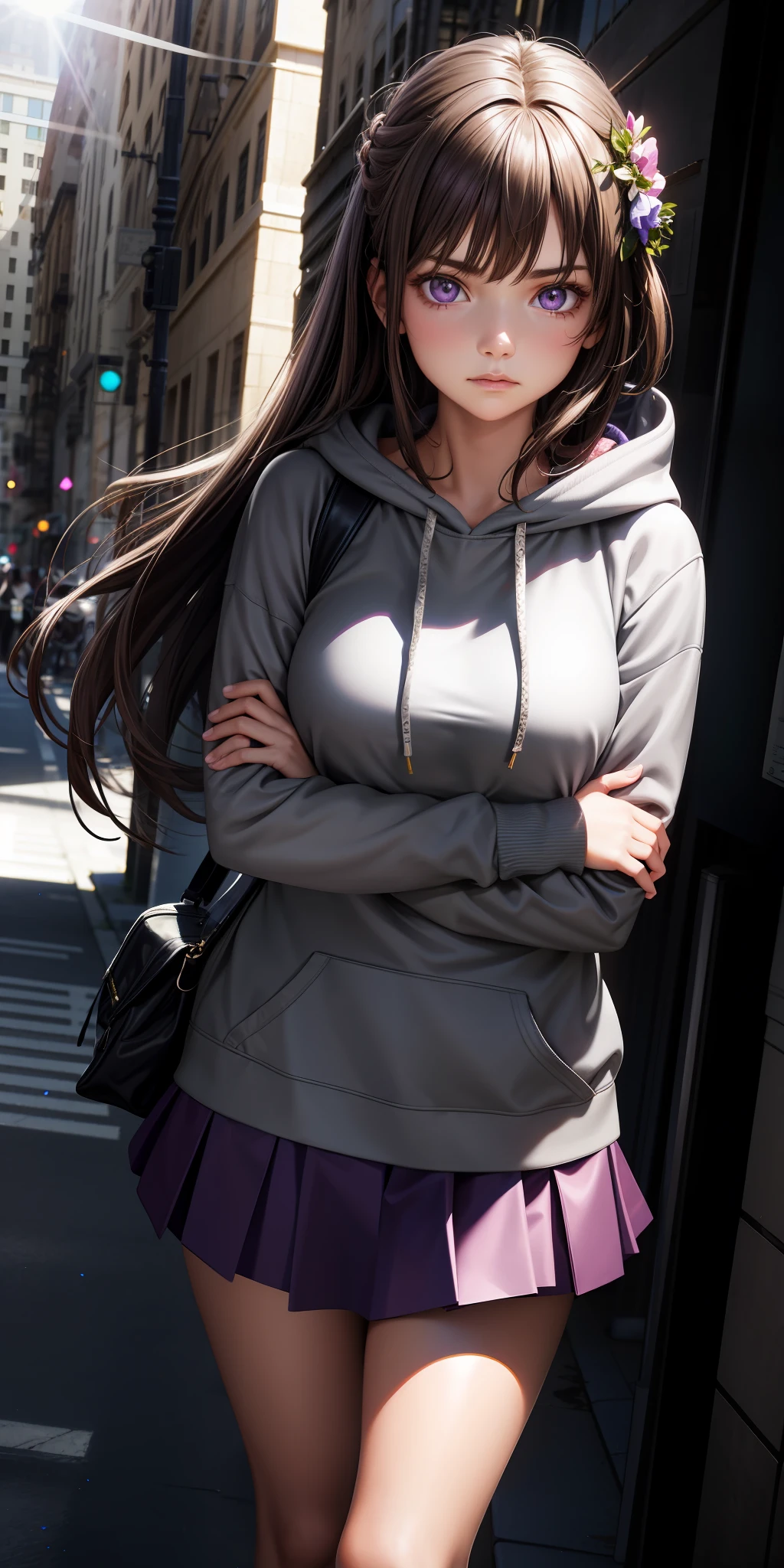 realistic, 1girl, brown hair, purple eyes, glowing eyes, grey hoodie, skirt, flowers in hair, sun, sunlight, serious face