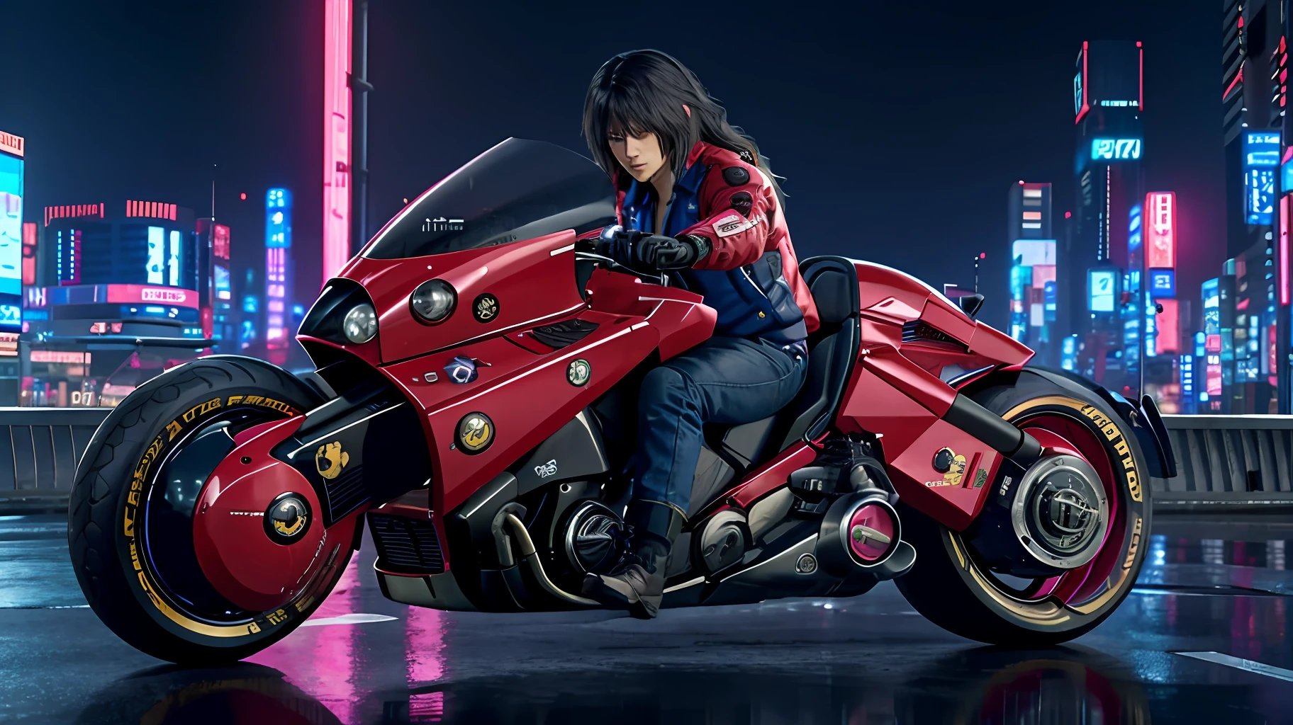 official art, unity 8k wallpaper, ultra detailed, beautiful and aesthetic, masterpiece, best quality, realist, long hair, black hair, akirabike red, cycling, night, cyberpunk city view, epic screen, cyberpunk uniform,