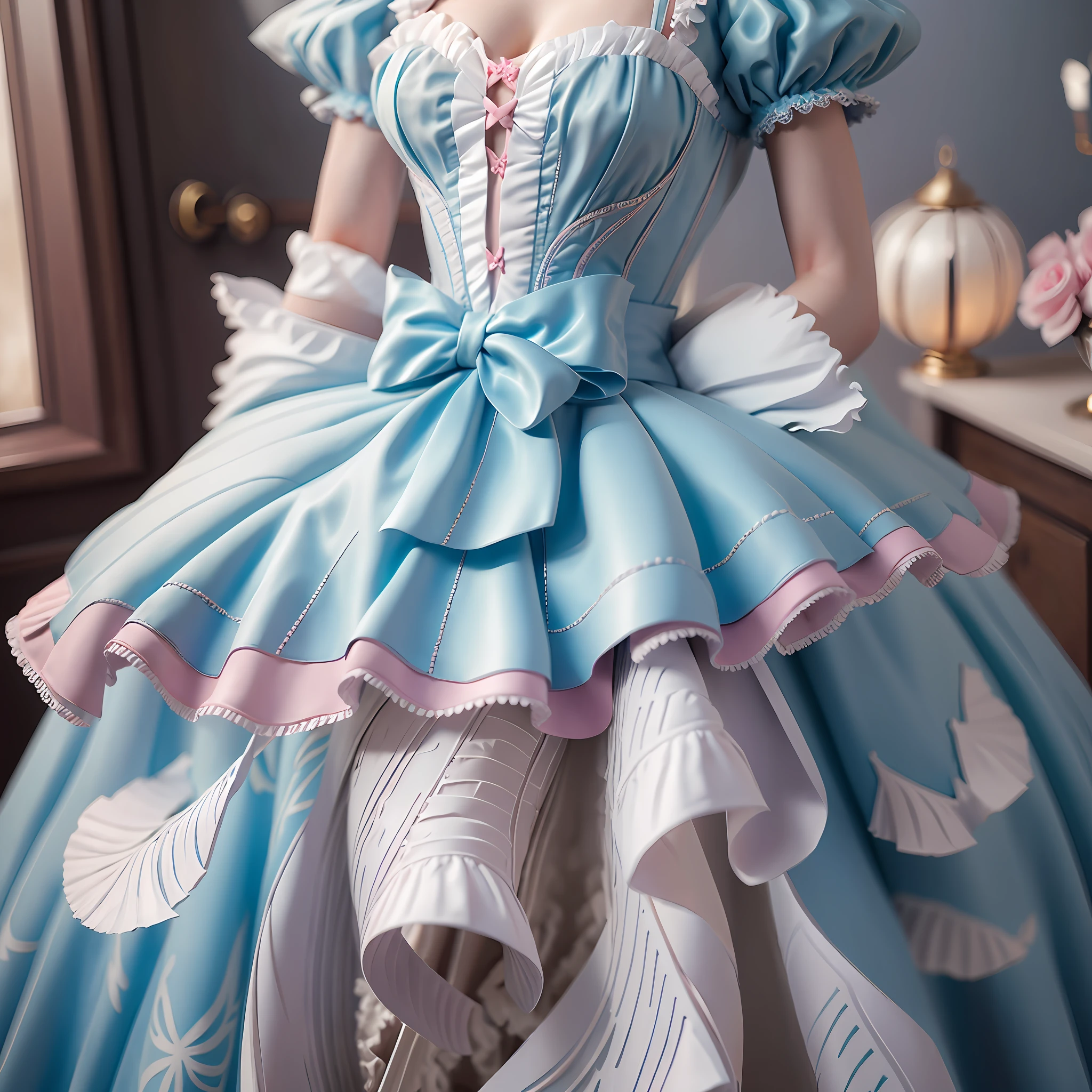 best quality, masterpiece, best definition, artwork, super detailed, many details, details, detailed, woman, 20 years, full body, full body, ball gown, super detailed dress, long dress, dress with many ruffles, dress with many bows, pink bows, victorian dress, detailed victorian dress, victorian dress with bows, pink, ruffles, many ruffles, very bulky dress, light blue dress, dress with ruffles, bows, many bows.