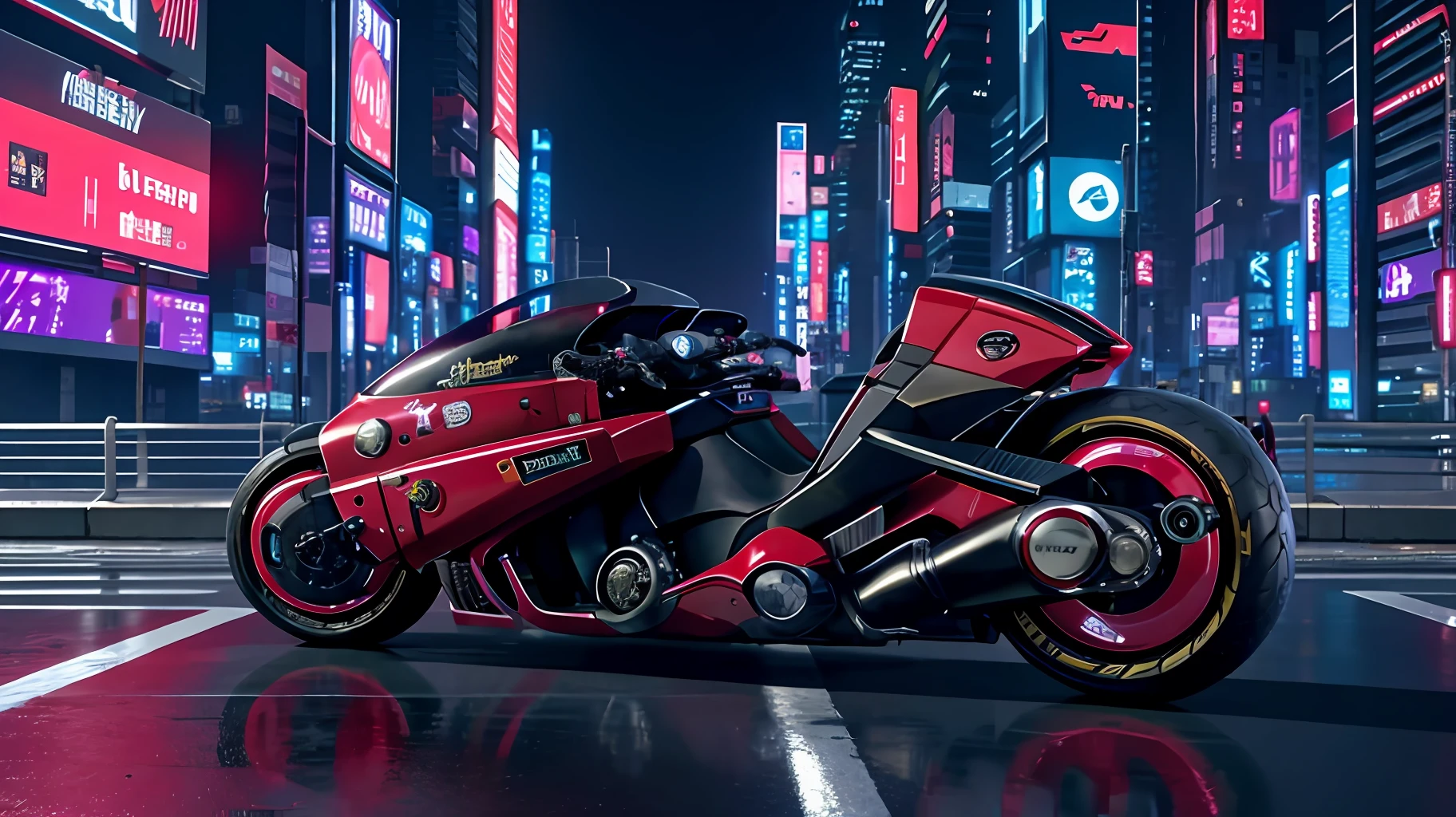 official art, unity 8k wallpaper, ultra detailed, beautiful and aesthetic, masterpiece, best quality, realist, long hair, black hair, akirabike red, cycling, night, cyberpunk city view, epic screen, cyberpunk uniform,