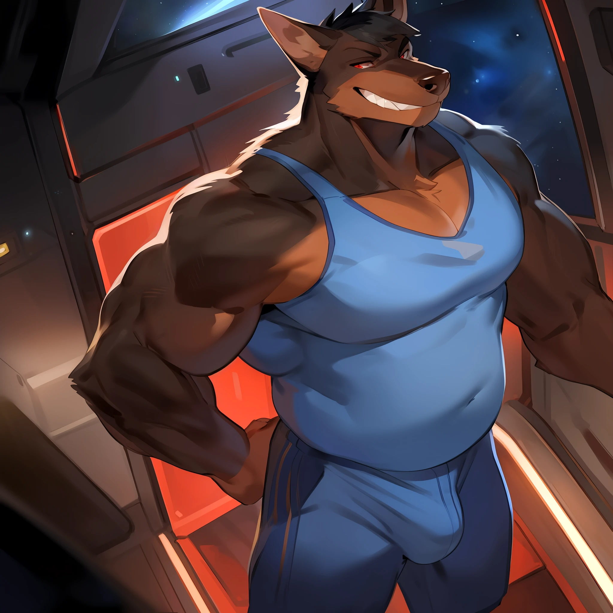Solo, male, dobermann, canine, (((snout, long snout, pointy snout))), red eyes, detailed eyes, detailed hands, handscome, black hair, short hair, tall ears, teeth, smirking, smug expression, threatening expression, evil grin, muscular, massive biceps, large pecs, overweight, large, big, thick, detailed bulge, red spaceship, standing, spaceship, space, window, by bebebebebe, by chunie, by buta99, by mystikfox61