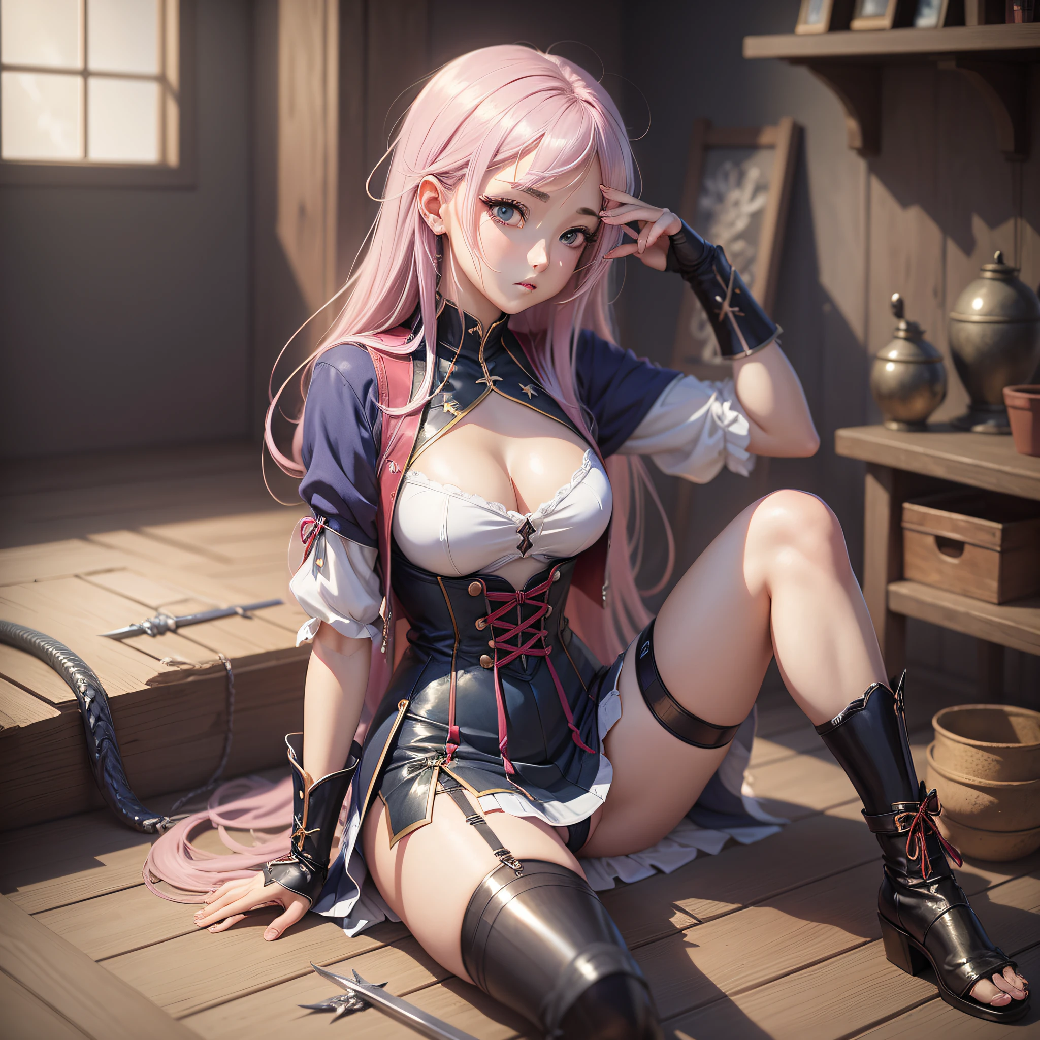 ((Anime style)) Beautiful girl. A world of swords and sorcery. Underwear. Miniskirt. Pubic hair. Sitting. --auto --s2