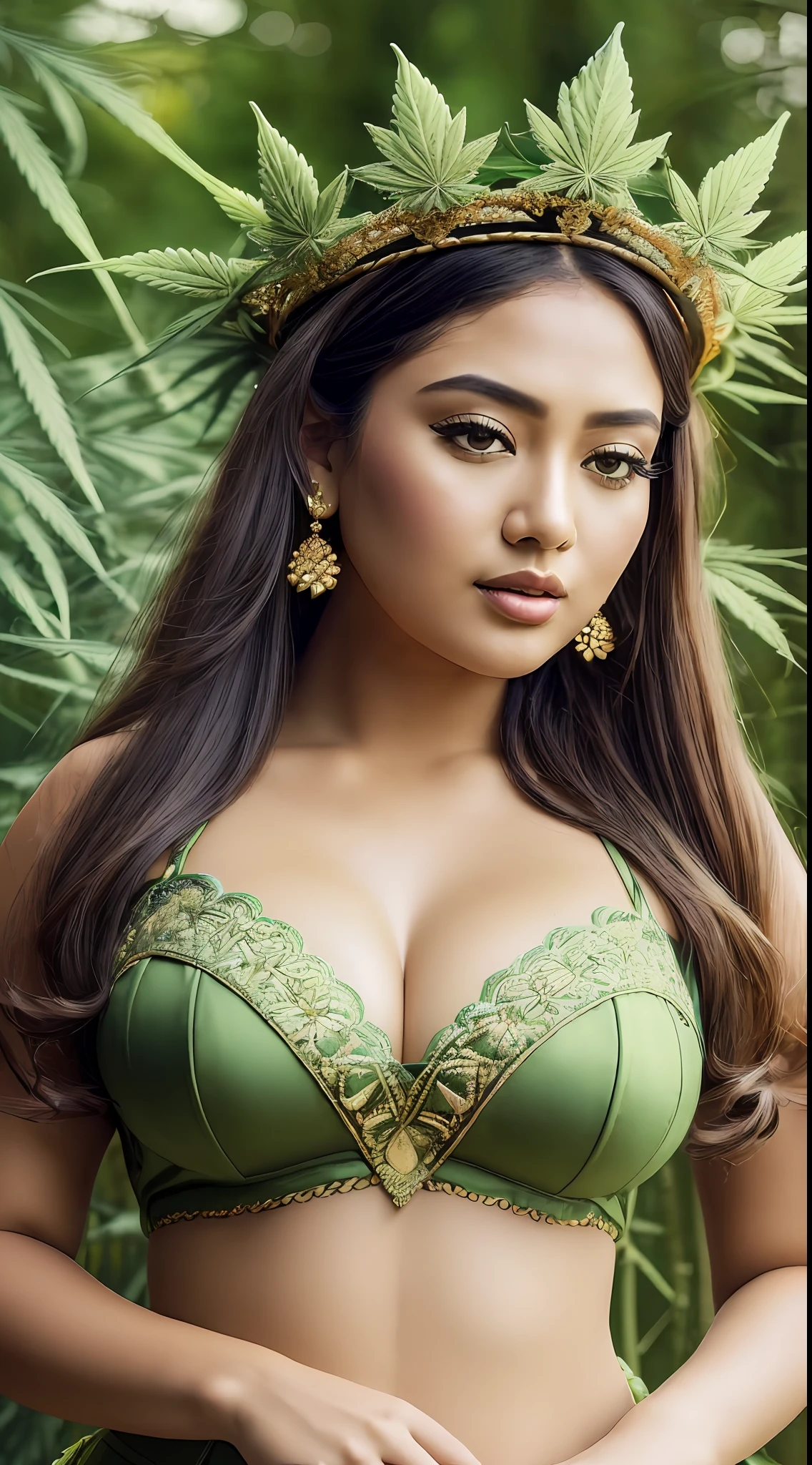 (extremely detailed CG unity 8k wallpaper:1.5),<(masterpiece:1.5), (best quality:1.7), high resolution illustration, (finely detailed eyes and detailed face:1.3), (detail:1.3, best quality, (ultra-detailed), (an extremely delicate and beautiful), (illustration), (painting),(masterpiece:1.5),cinematic light,dynamic angle,floating,sharp focus,(2d:1.7), (best quality:1.3),(illustration:1.1),((disheveled hair:1.2),(beautiful detailed eyes:1.1),(cinematic light:1.1), (marijuana goddess:1.2), (cannabis goddess:1.2), (ganja goddess:1.2), (weed goddess:1.2), (hemp goddess:1.2), (marijuana leaf crown:1.2), (Beautiful Indonesian Girl), wearing a sexy traditional Indonesian Kebaya dress, curvy body type, voluptuous body type, curvy body type, thick body type, big chest, big boobs, ((full_body)), (Indonesian Art Culture) , Marijuana Indonesia Park background