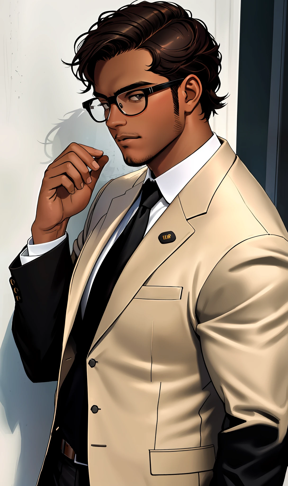 A young adult, male, brown-skinned, dark-haired, almost shaved wearing a suit wearing very round black glasses