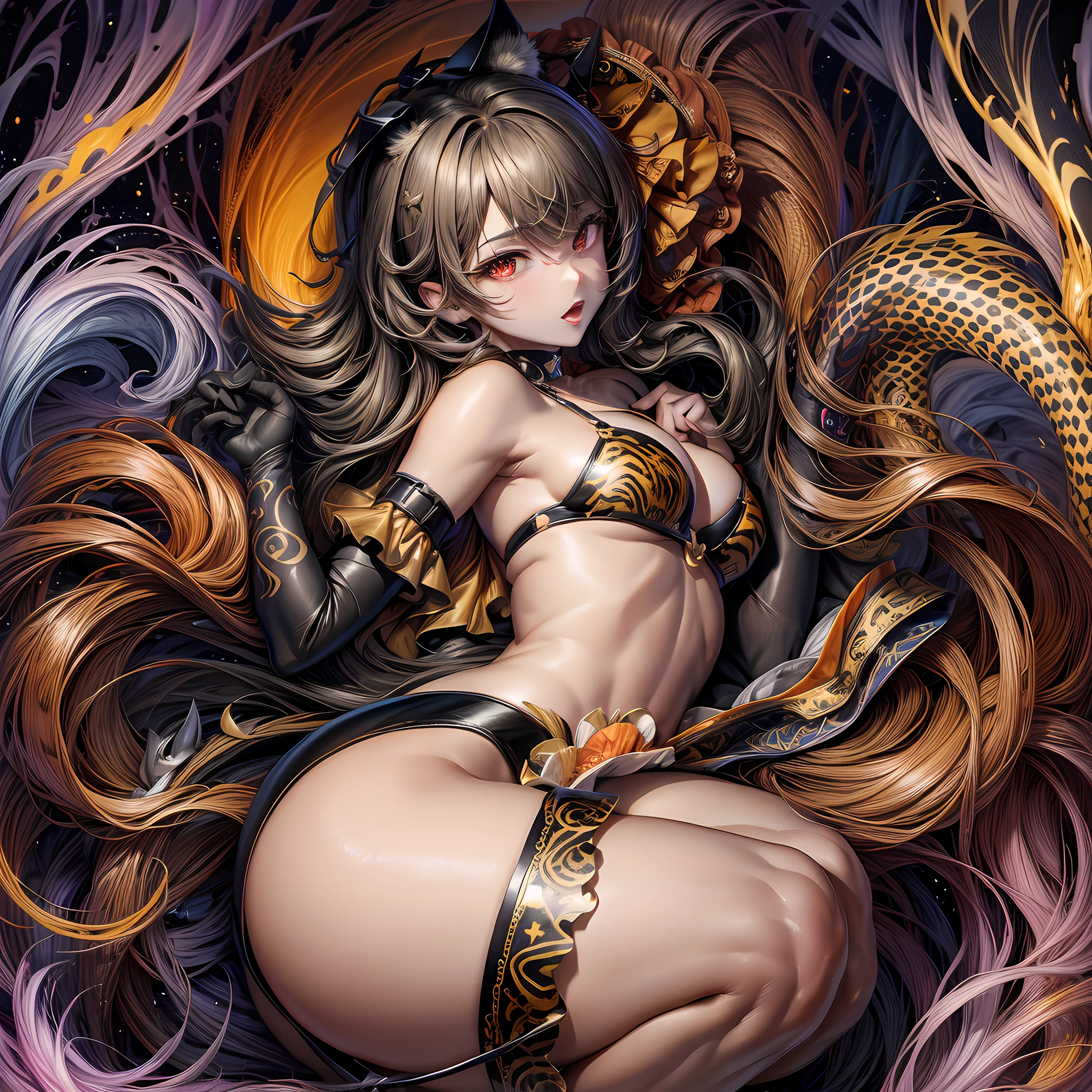 1chica, culo grande, tanga, pose dinámica, obra maestra, mejor calidad, realista, sol, luz del sol, 1chica animal_ears animal_print arched_back trasero bikini pechos brown_hair butt_crack cat_ears cat_tail chinese_zodiac gargantilla claw_pose elbow_gloves fake_animal_ears colmillo from_below guantes hair_bobbles hair_ornament halterneck arrodillado long_hair looking_at_viewer low_twintails medium_breasts new_year open_mouth orange_bikini orange_choker orange_gloves orange_thighhighs outside_border print_ Bikini print_choker print_gloves print_thighhighs red_eyes Shadow Side-tie_bikini_bottom skin_fang Solo Swimsuit Tail Thighs tiger_print twintails year_of_the_tige