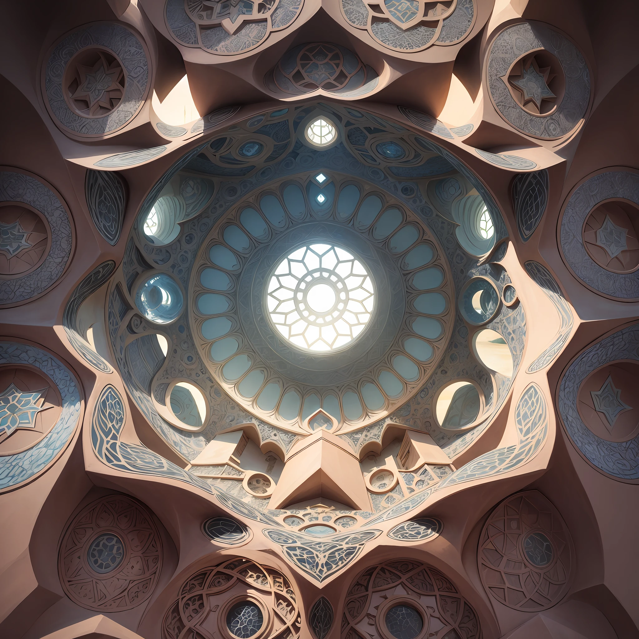 Futuristic Islamic architecture design of cave architecture concept art on desert oasis, islamic architecture, proportional,detailed, cave architecture nature meets futuristic architecture by Toyo Ito ,residential area, futuristic development, high rise balconies, full of rock and glass facades, residential spaces carved from cliff side ,trending on artstation, beautiful lighting,In the style of Arabic calligraphy masterpiece, fantasy, intricate, award winning, 4k, highest quality render --auto --s2