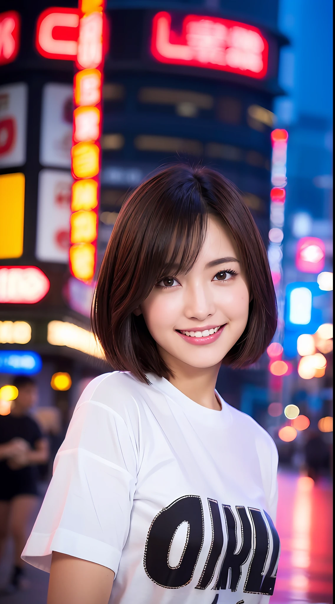 (8k, RAW Photos, Best Quality, High Resolution: 1.1), (Ultra Realistic: 1.4), (Realistic, Photorealistic: 1.3), Soft Light, Big Girl, Realistic Face, Realistic Body, Realistic Skin, Absurdity, Masterpiece, (Cute: 1.8), Cuties, Solo, (Large: 1.2), Detailed Black Eyes, Innocent Eyes, Cheeks, (T-Shirt: 1.2), Cinema Light, Film Grain, (((Short Bob Hair: 1.1)), Cherry Colored Lips, Close-up, Look Viewer, Upper Body, Open Lips, Top Teeth, (Smiling Eyes: 0.6), (((grinning: 1.2)), Depth of Field, Blurred Background, Eye Focus, Bokeh, Young, Midnight, Shinjuku, Neon Sign, 85mm Lens, f/1.4, Professional Lighting, Young, Portrait, Photon Mapping, Radiosity, physically based rendering