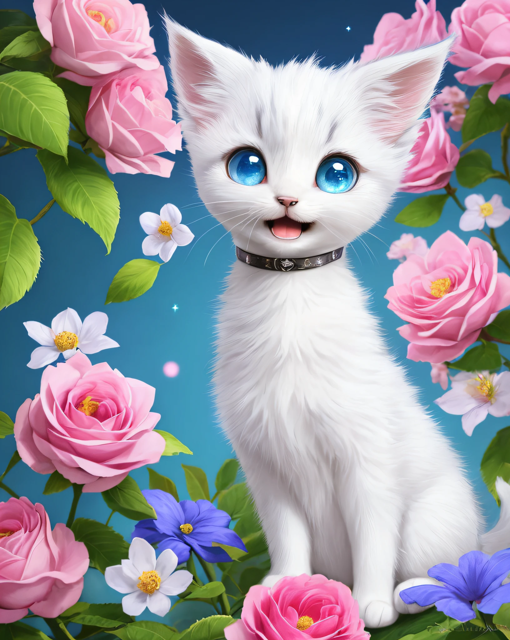 A kitten with a tiny tail, a small nose, small ears, blue eyes, pink background, flowers, vases, dreams, open mouth, smile, Caroline Chariot-Dayez pastels, tumblr, furry art, elokitty, Disney's Bambi cat, Disney's stylized furry, ears floating, fluffy tail, fluffy '', fluffy !!!, high resolution, furry art!!! The moon, small in size