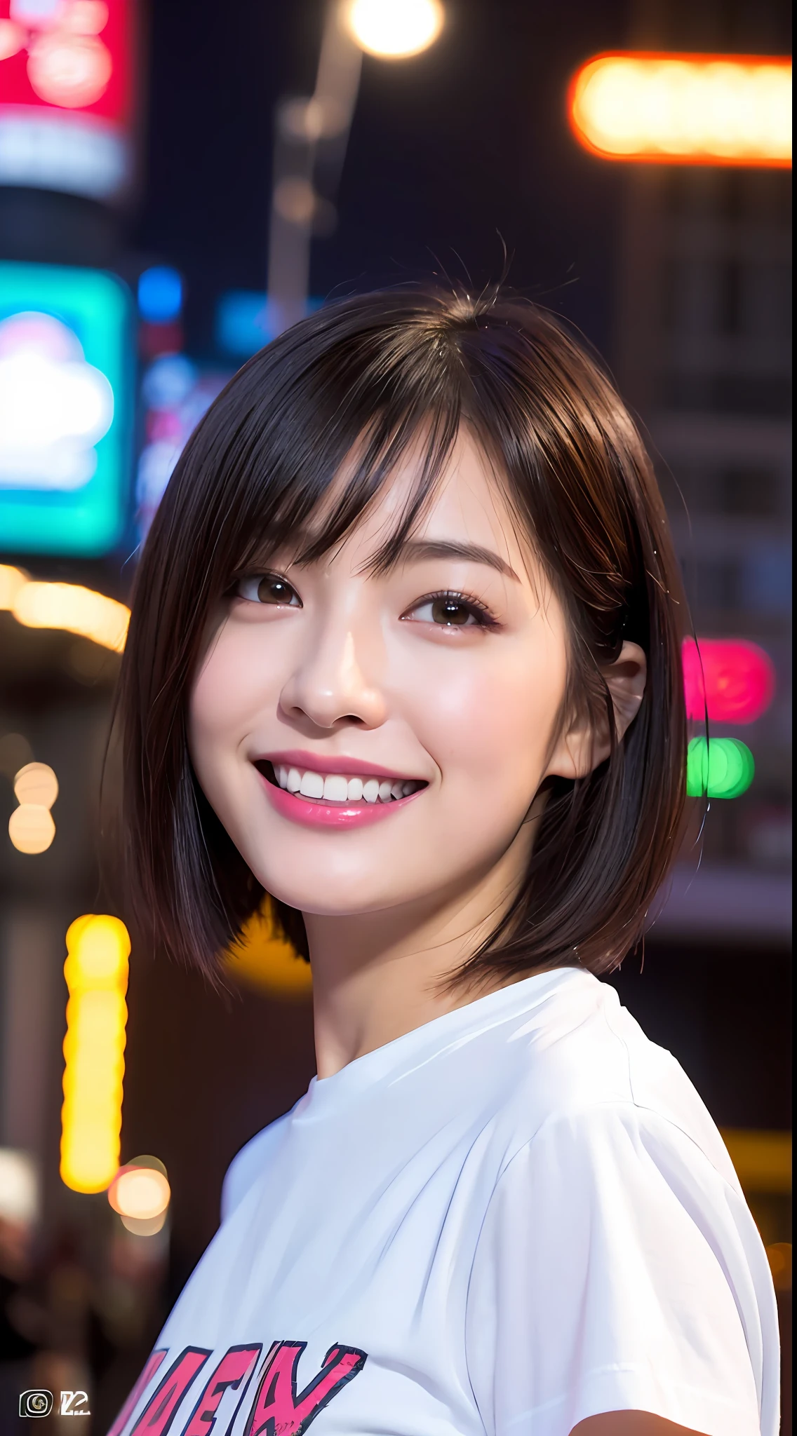 (8k, RAW Photos, Best Quality, High Resolution: 1.1), (Ultra Realistic: 1.4), (Realistic, Photorealistic: 1.3), Soft Light, Big Girl, Realistic Face, Realistic Body, Realistic Skin, Absurdity, Masterpiece, (Cute: 1.8), Cuties, Solo, (Large: 1.2), Detailed Black Eyes, Innocent Eyes, Cheeks, (T-Shirt: 1.2), Cinema Light, Film Grain, (((Short Bob Hair: 1.1)), Cherry Colored Lips, Close-up, Look Viewer, Upper Body, Open Lips, Top Teeth, (Smiling Eyes: 0.6), (((grinning: 1.2)), Depth of Field, Blurred Background, Eye Focus, Bokeh, Young, Midnight, Shinjuku, Neon Sign, 85mm Lens, f/1.4, Professional Lighting, Young, Portrait, Photon Mapping, Radiosity, physically based rendering