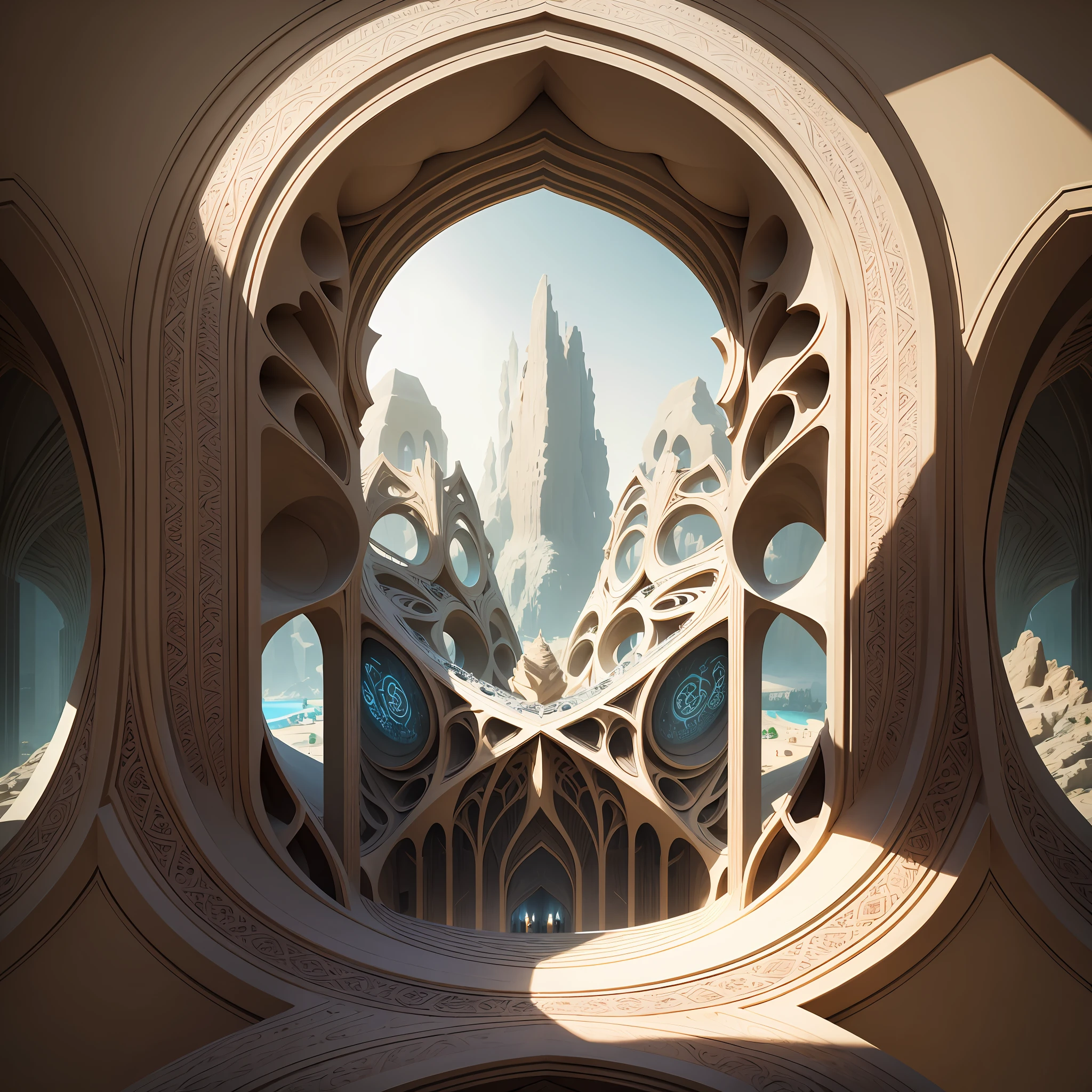 Futuristic Islamic architecture design of cave architecture concept art on desert oasis, islamic architecture, proportional,detailed, cave architecture nature meets futuristic architecture by Toyo Ito ,residential area, futuristic development, high rise balconies, full of rock and glass facades, residential spaces carved from cliff side ,trending on artstation, beautiful lighting,In the style of Arabic calligraphy masterpiece, fantasy, intricate, award winning, 4k, highest quality render --auto --s2