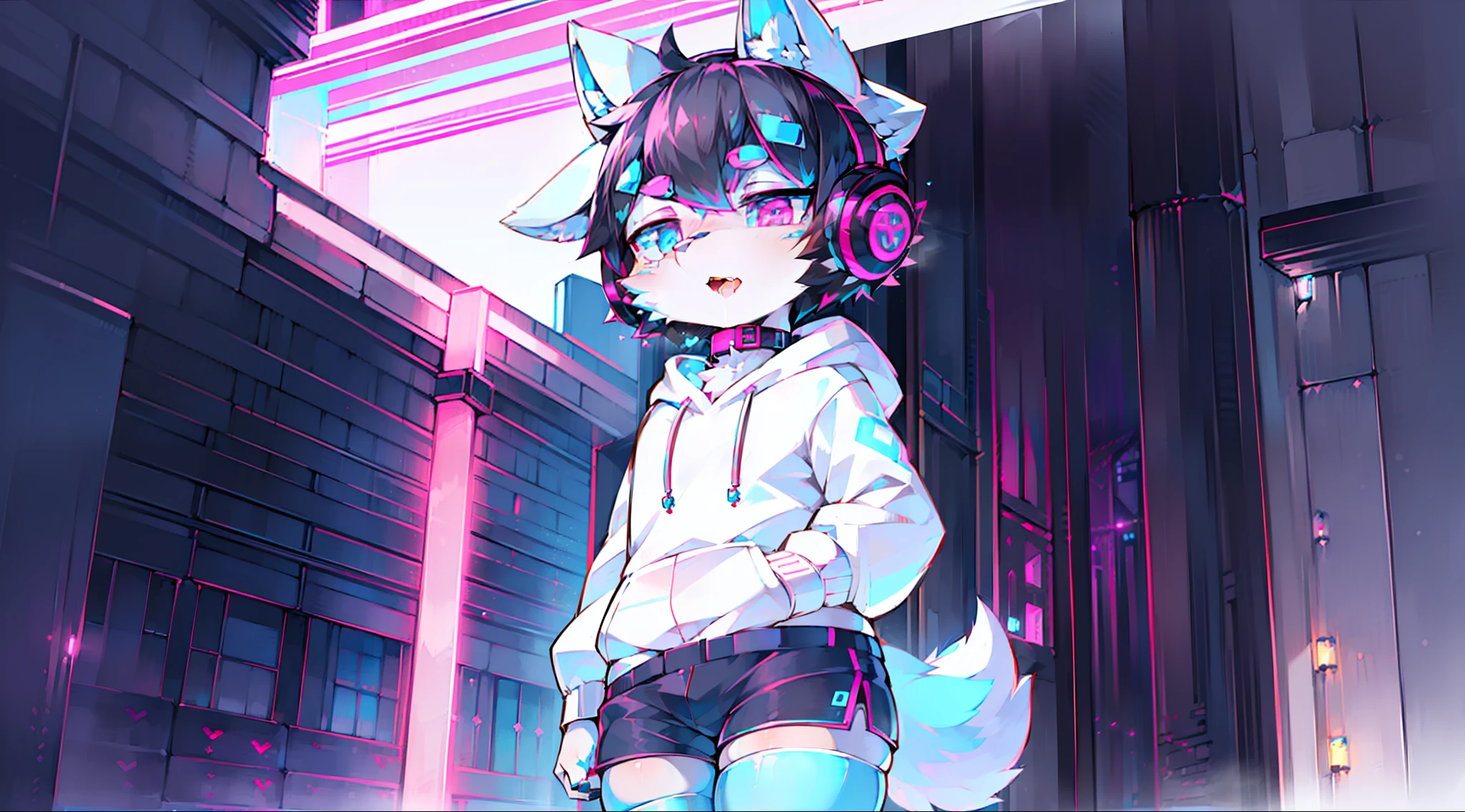 collar, (headphones:1.4), short hair, (black hair:1.35), (Thigh Highs:1.45), ((blue eyes:1.45)), ((pink eyes:1.35)), ((thin:1.55)), ((canine:1.44)), ((white body:1.36)), , hoodie, soft, (((master piece))), snow fox, 1boy, neon city, shy, job youtuber or programmer, hide womb tattoo, (cute:1.45), long tail, wheezing, saliva trail, (short pants:1.35)