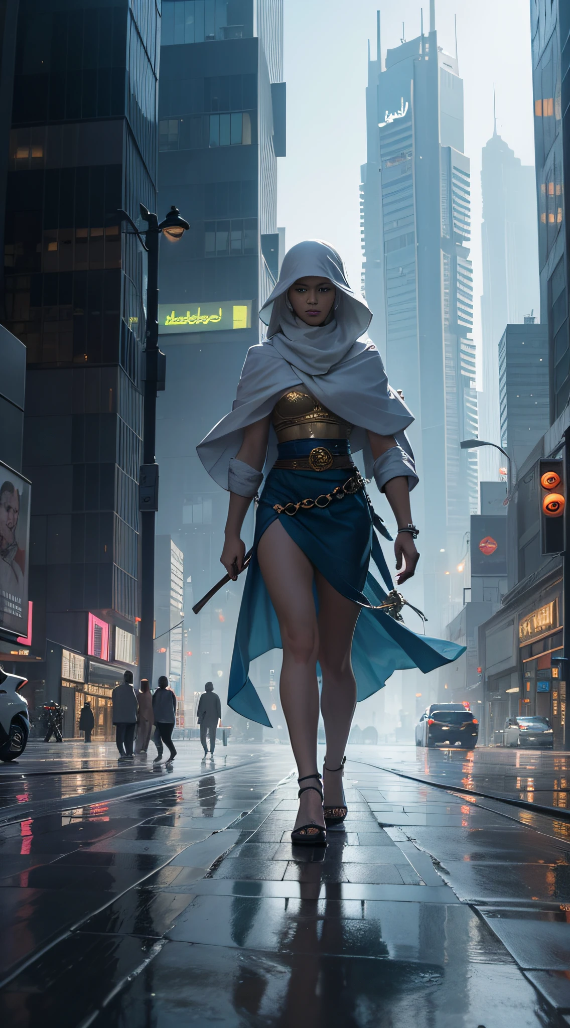 Girl, look at the camera, misty, rain, there is a person walking up a set of stairs in a city, a still of Jumeirah Lakes Towers Mazaya Business Avenue BB1, streets of Dubai, street of Dubai, in Dubai, city like Dubai, walking over a tiny city, Sheik Zayed Road cyberpunk, artwork of a Dubai street, man walking through city, inspired by Carl Spitzweg, by John La Gatta, Dubai, Emirates