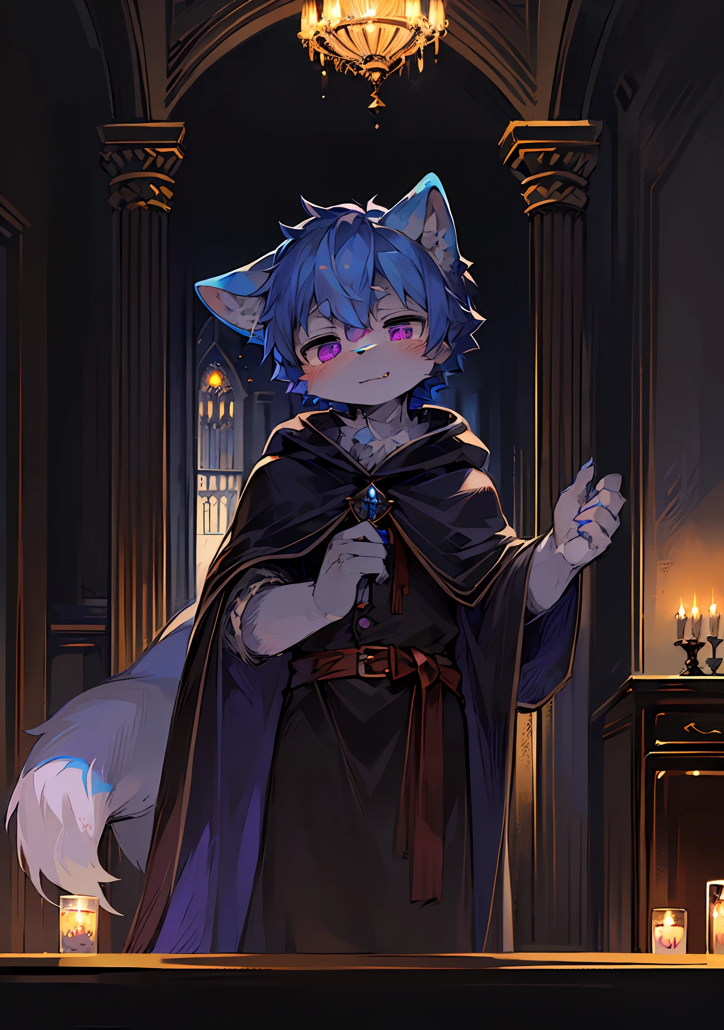 (Dark Environment: 0.8), Masterpiece, High Quality, Abstract Res, Digital Painting\(artwork\), by Dagasi, Yupa, Kiyosan, (Anthro, Fluffy Fur, Character Focus: 1.1), Anthro Male Cat, Short Hair, Portrait , bright eyes, panorama, character focus. (Background: 0.7), Solo, Furry, Hairy Male, Male Focus, Anthr, (Full Body Fur, Fluffy Tail, Blue and White Fur, Purple Eyes, Blue Hair: 1.2), (Long Canids, Vampires, Cloak: 1.2), (Interior, Night, Castle: 1.1)