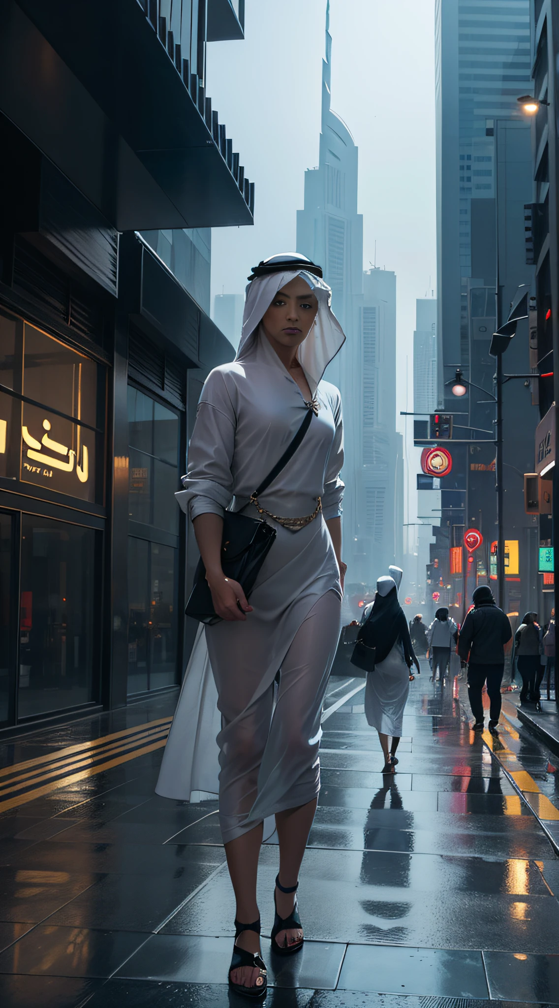 Girl, look at the camera, misty, rain, there is a person walking up a set of stairs in a city, a still of Jumeirah Lakes Towers Mazaya Business Avenue BB1, streets of Dubai, street of Dubai, in Dubai, city like Dubai, walking over a tiny city, Sheik Zayed Road cyberpunk, artwork of a Dubai street, man walking through city, inspired by Carl Spitzweg, by John La Gatta, Dubai, Emirates